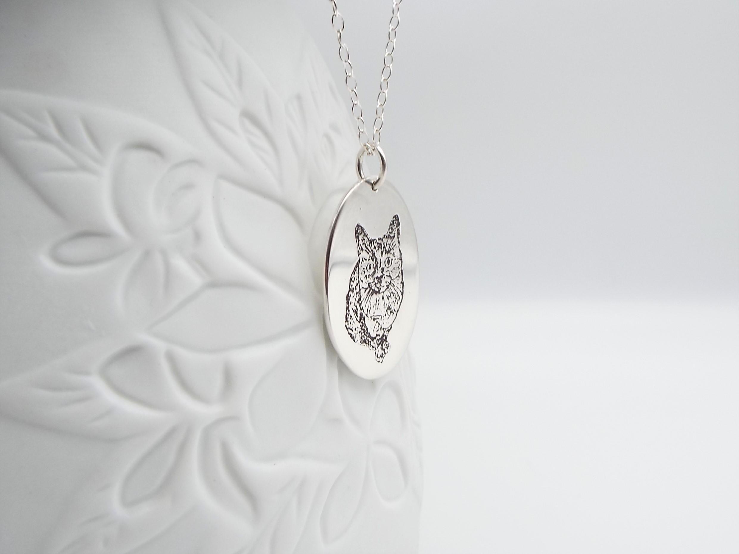 cat portrait silver necklace