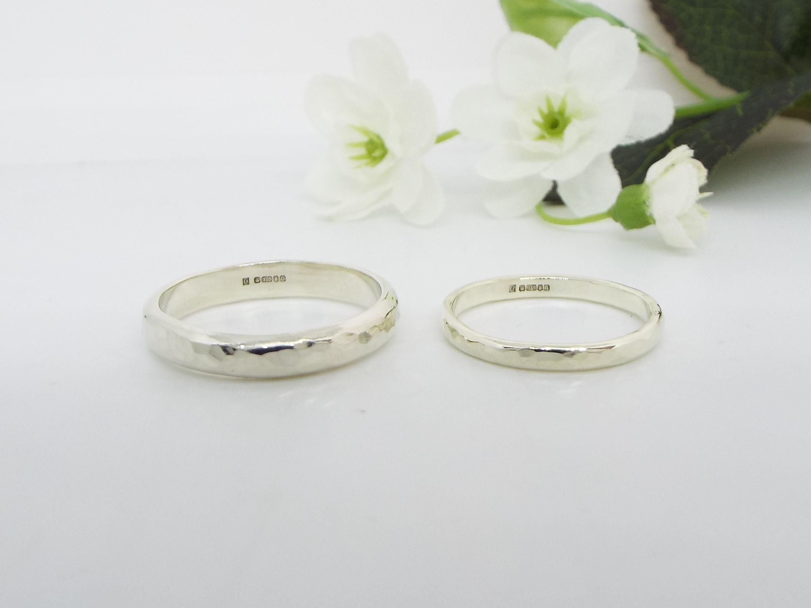 white gold wedding band set with a hammered finish