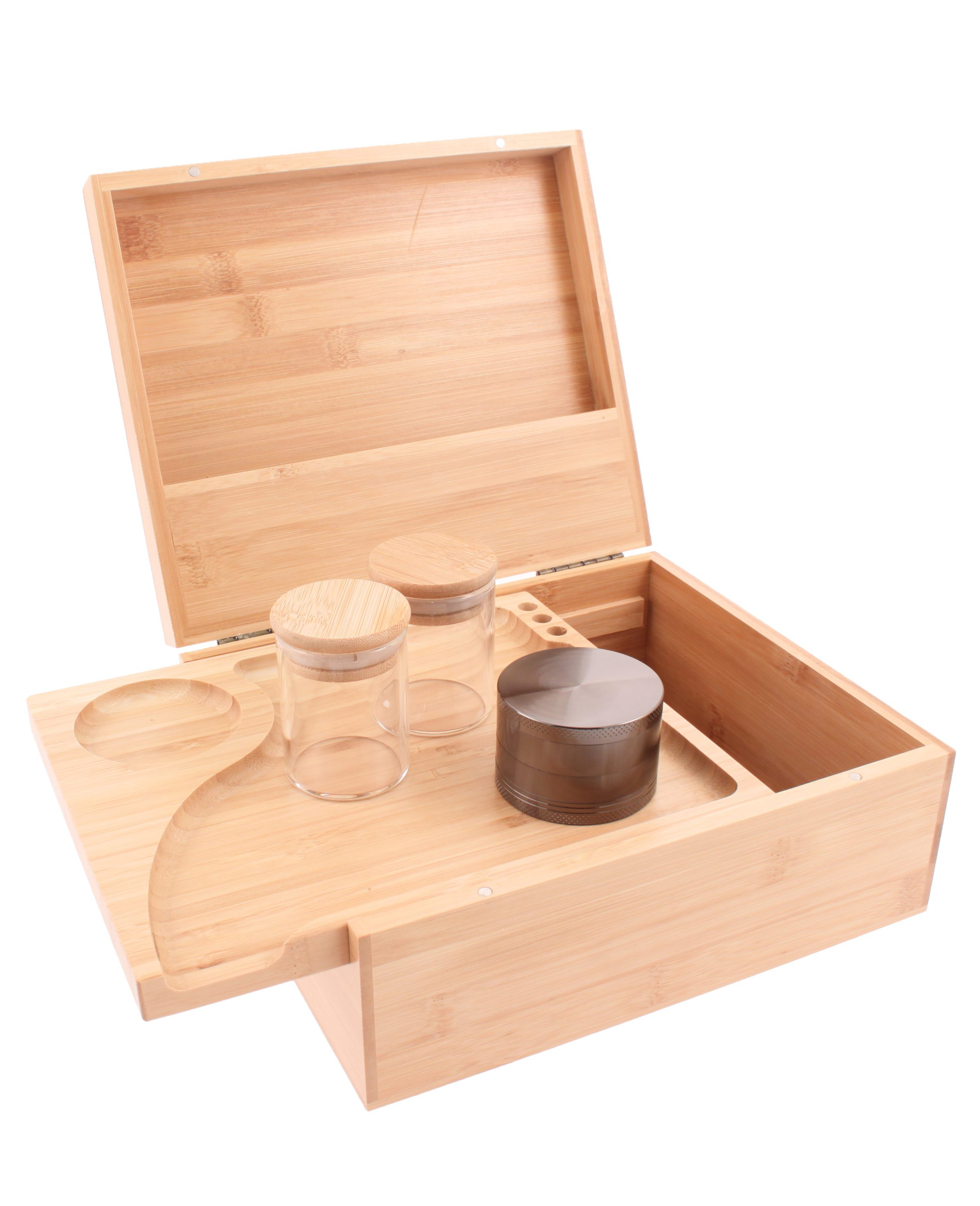 Wood Rolling Box With Grinder & Storage Jars