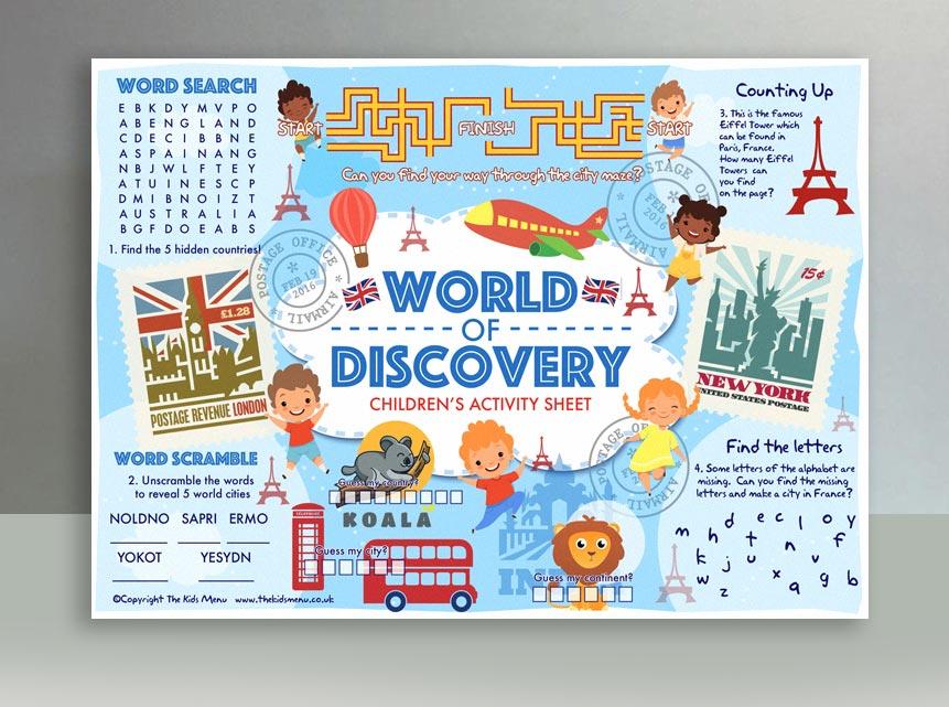 world activity sheet menu, kids menu sheet