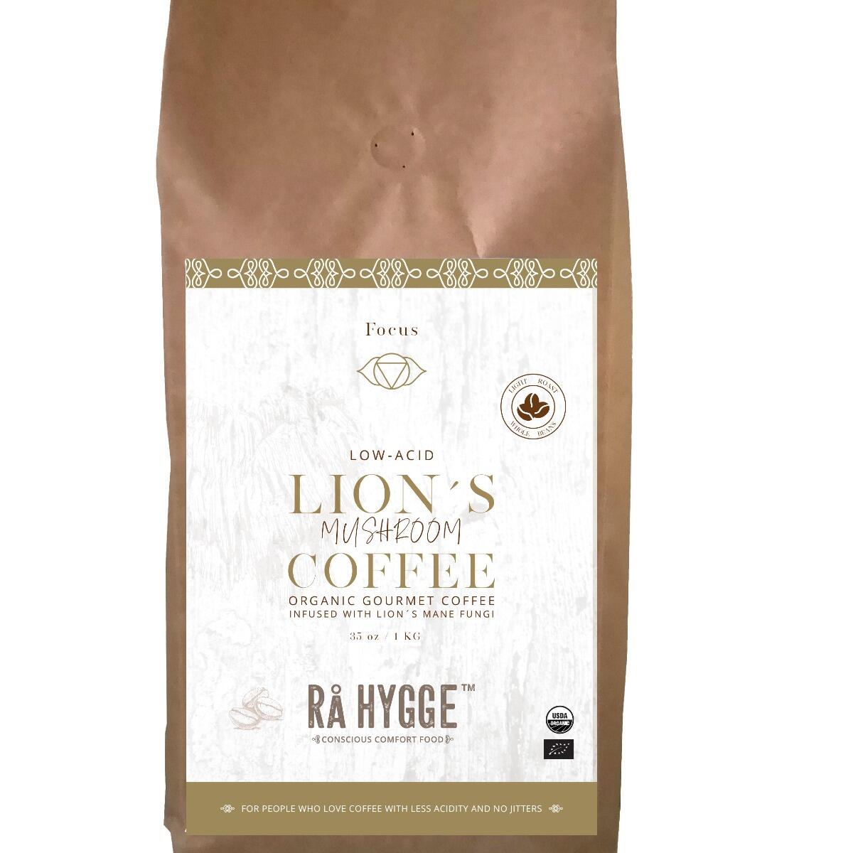 Rå Hygge's säurearmer Gourmet-Kaffee mit Löwenmähne – ganze Bohnen 1 kg'