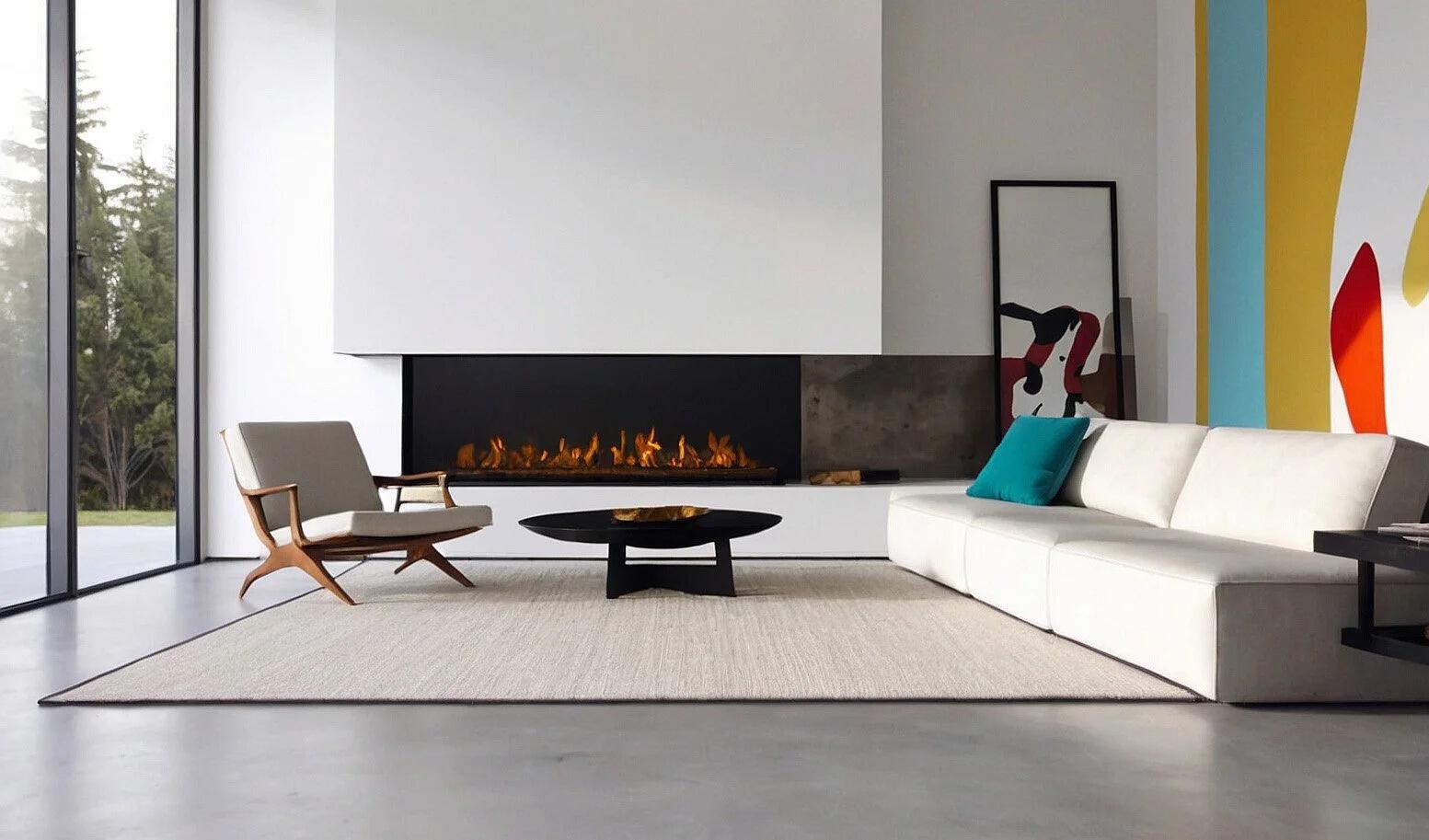 Montreal three-sided Hybrid Mist fire in a long white wall in a bright modern lounge