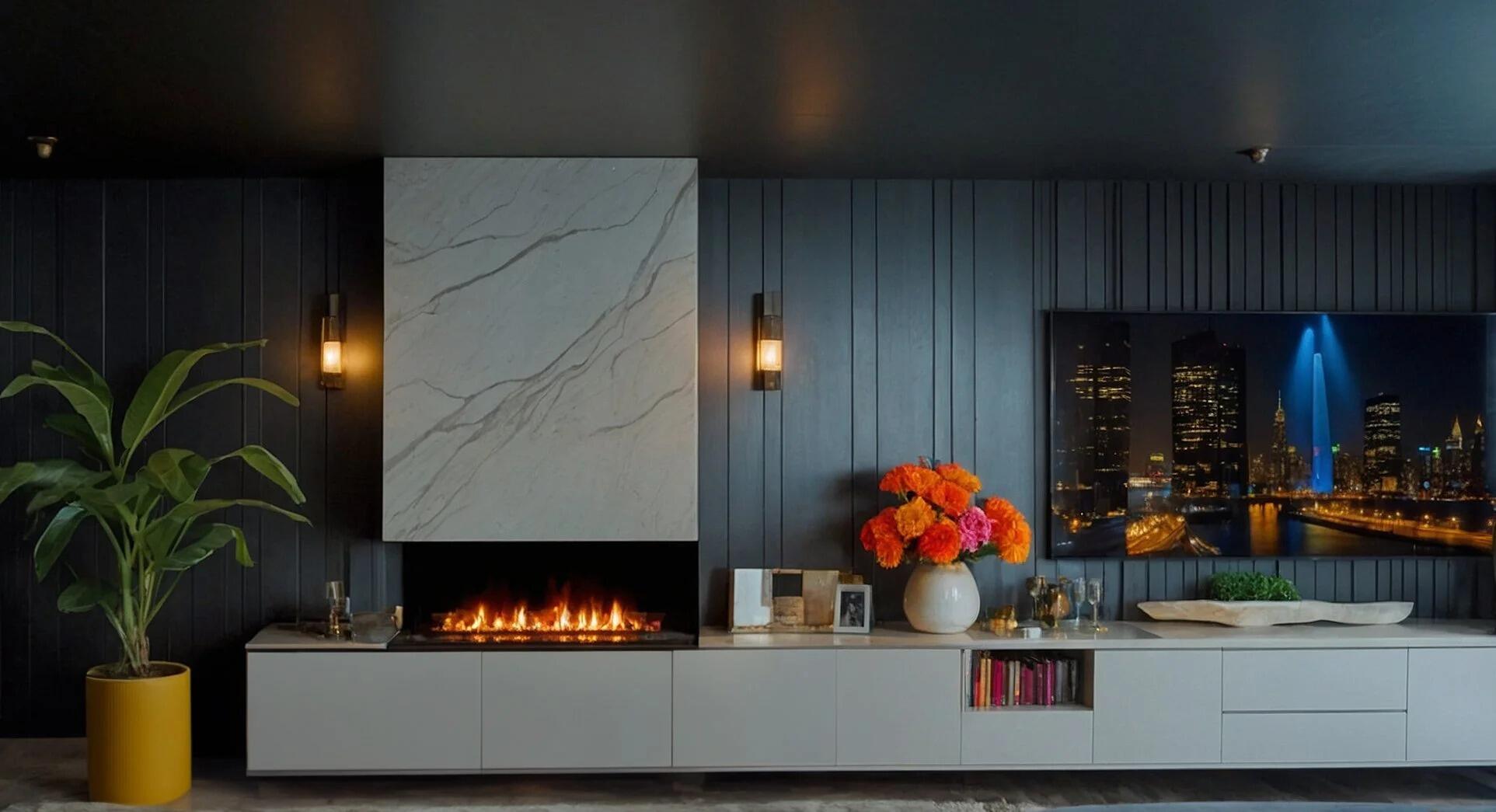 Montreal three-sided Hybrid Mist fire beneath a marble chimney panel in a dark living room