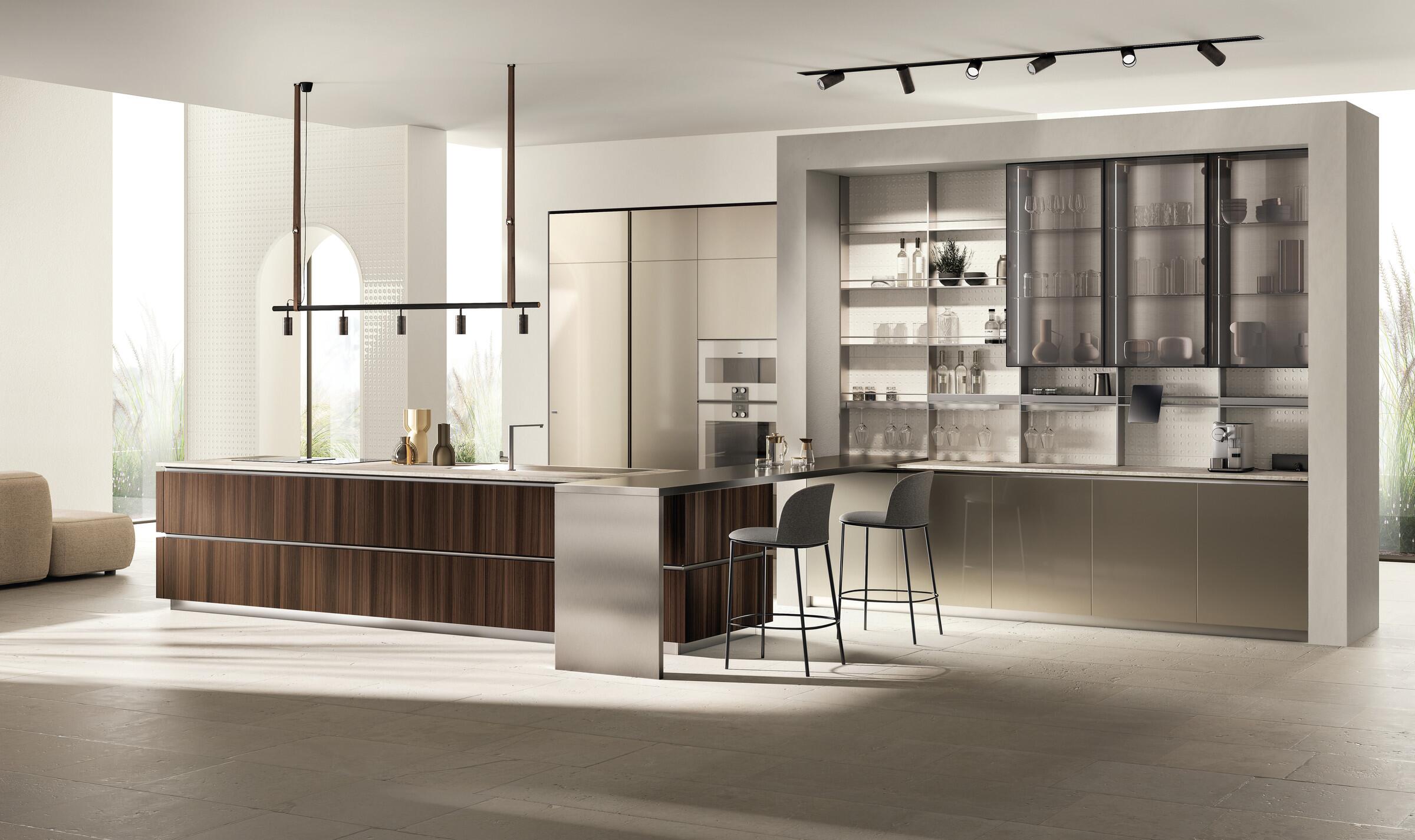 Scavolini Mira kitchen – Island with Eucalyptus veneered doors