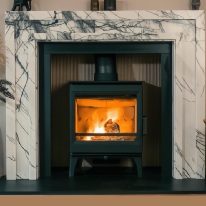 Wood Stove with Lilac Marble Fireplace