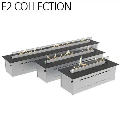 Decoflame Denver F2 electronic bio-ethanol burners in three lengths with flames behind glass screens