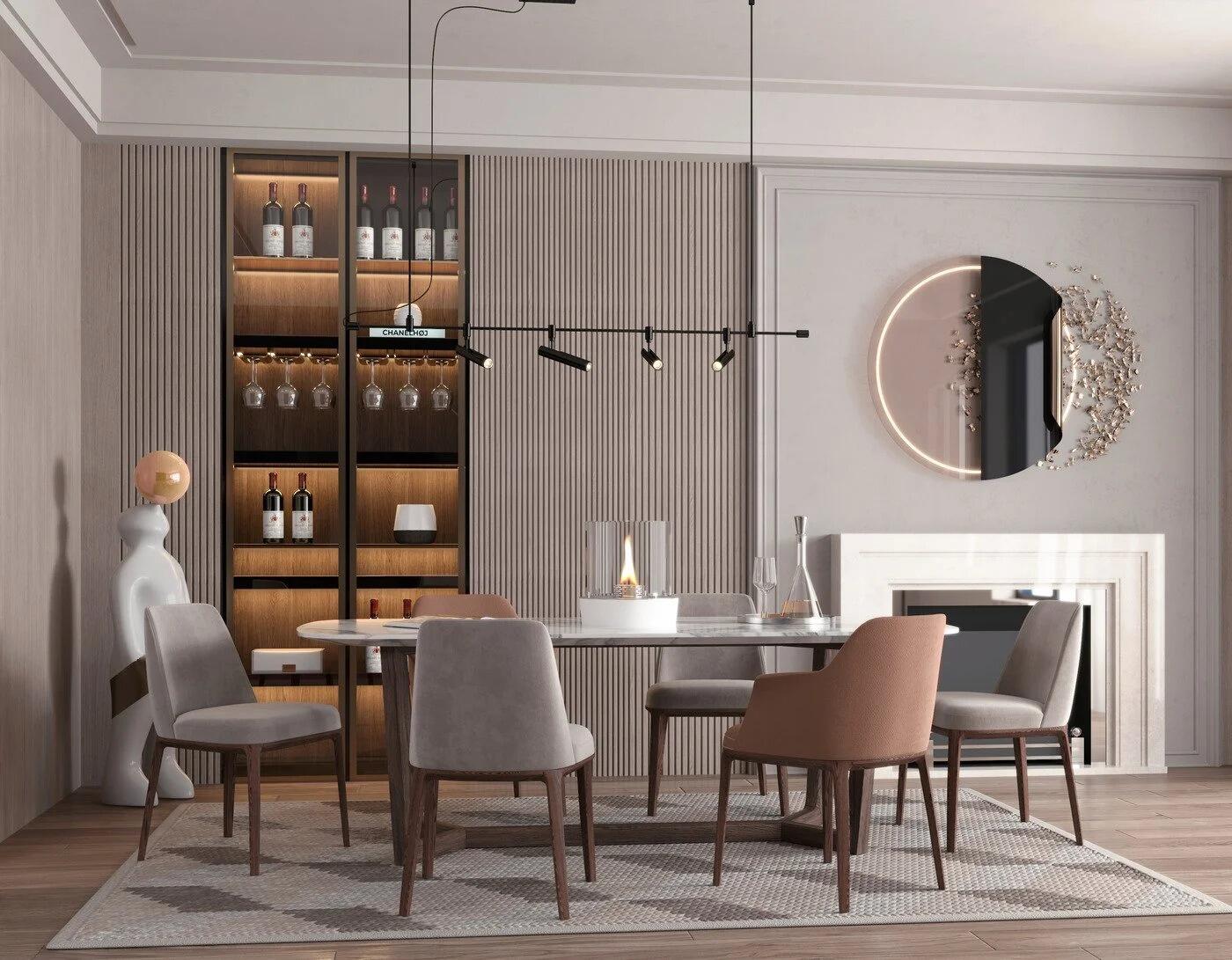 Nice Round table-top fire on a dining table in a contemporary dining room