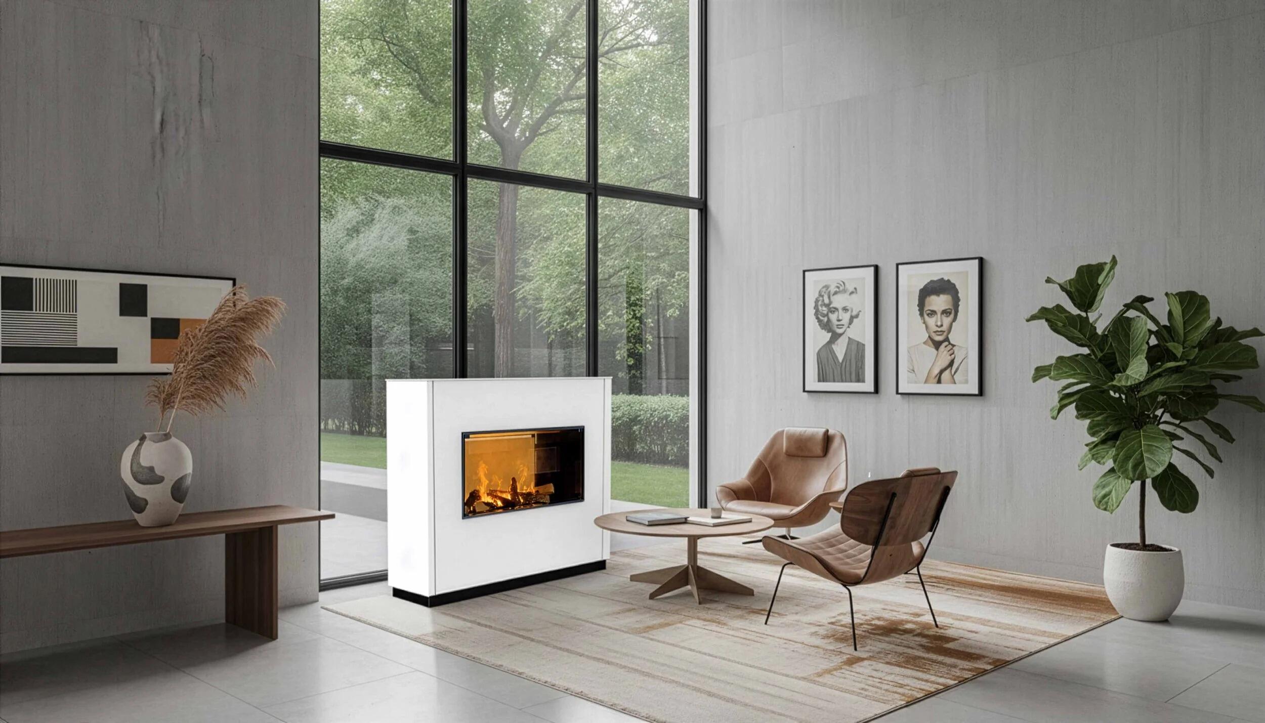 Montreal see-through Hybrid Mist fire in a freestanding white wall unit in a living room