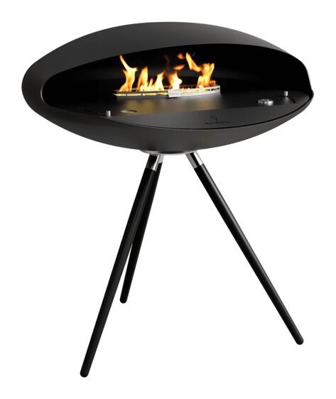 Decoflame Espoo floor-standing bio-ethanol fire with black top plate and black oak legs, product image