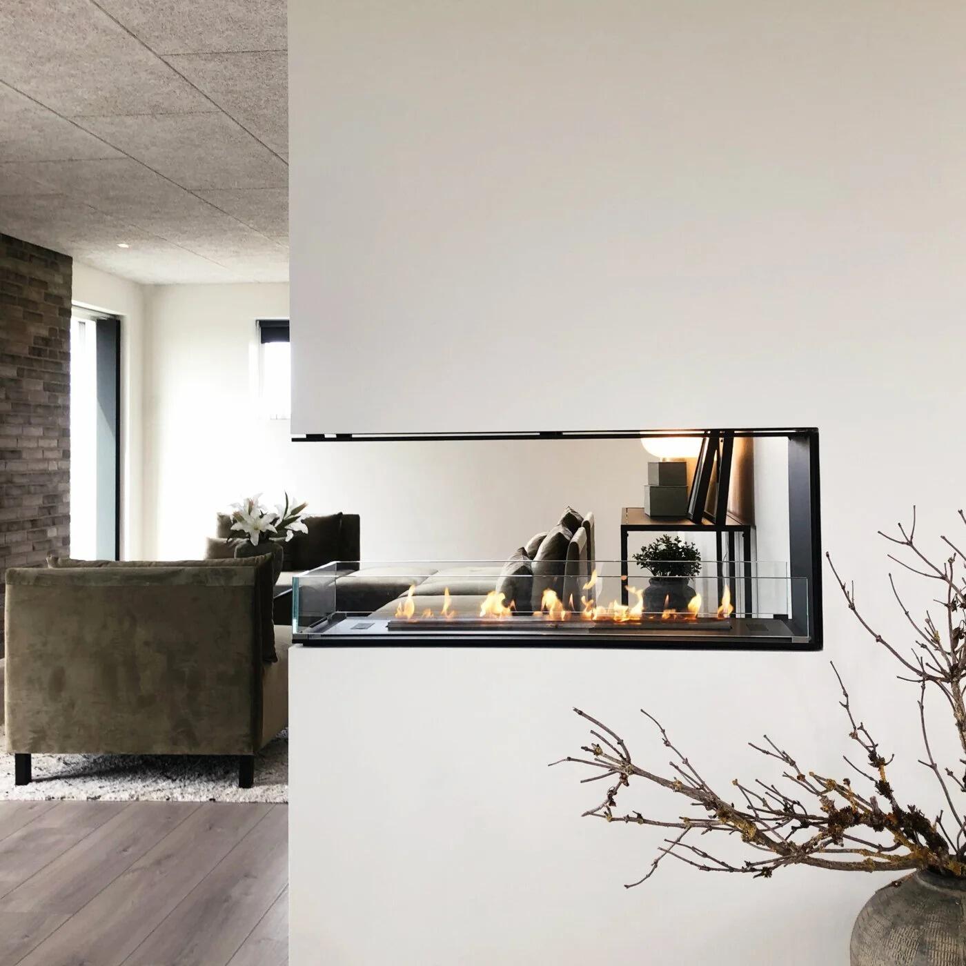 Montreal room divider fire set into a white wall between living spaces