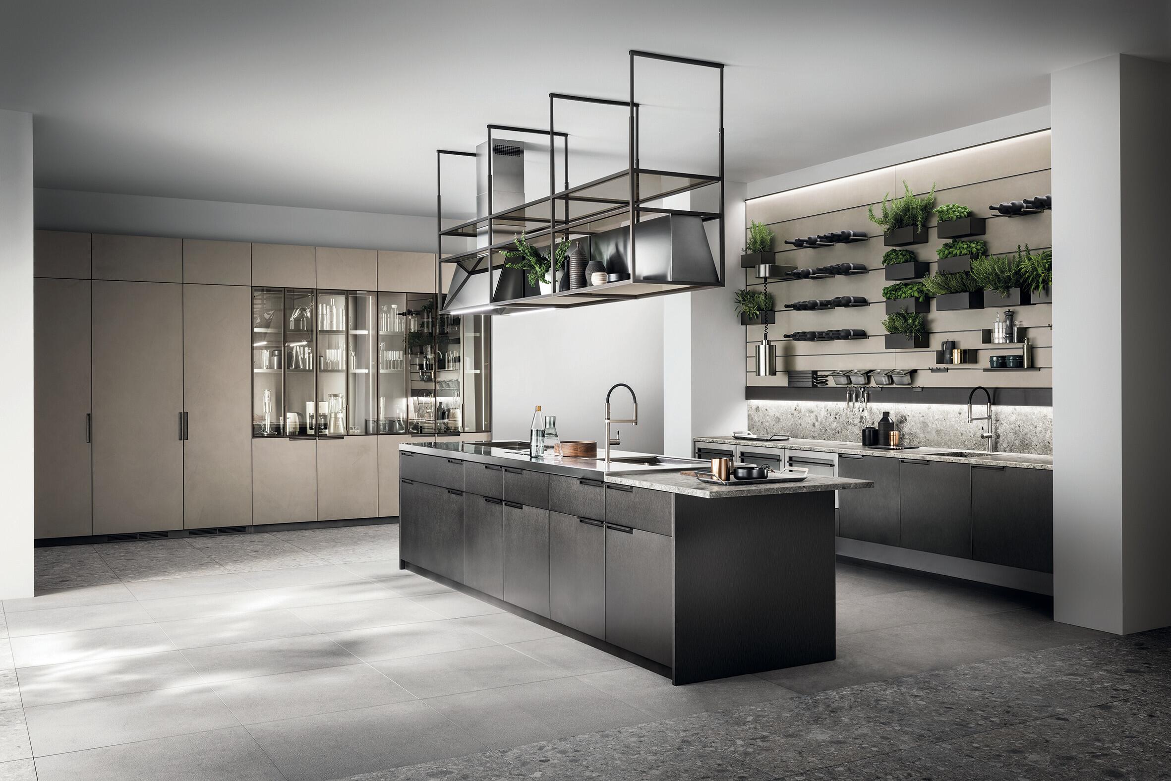 Scavolini MIA by Carlo Cracco kitchen with hanging storage, visible dish rack and professional extraction