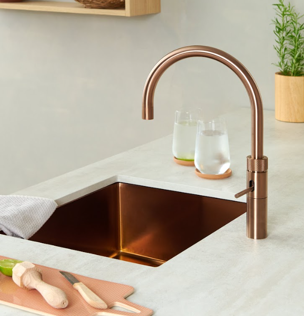 Quooker Fusion Rose Copper with a copper sink