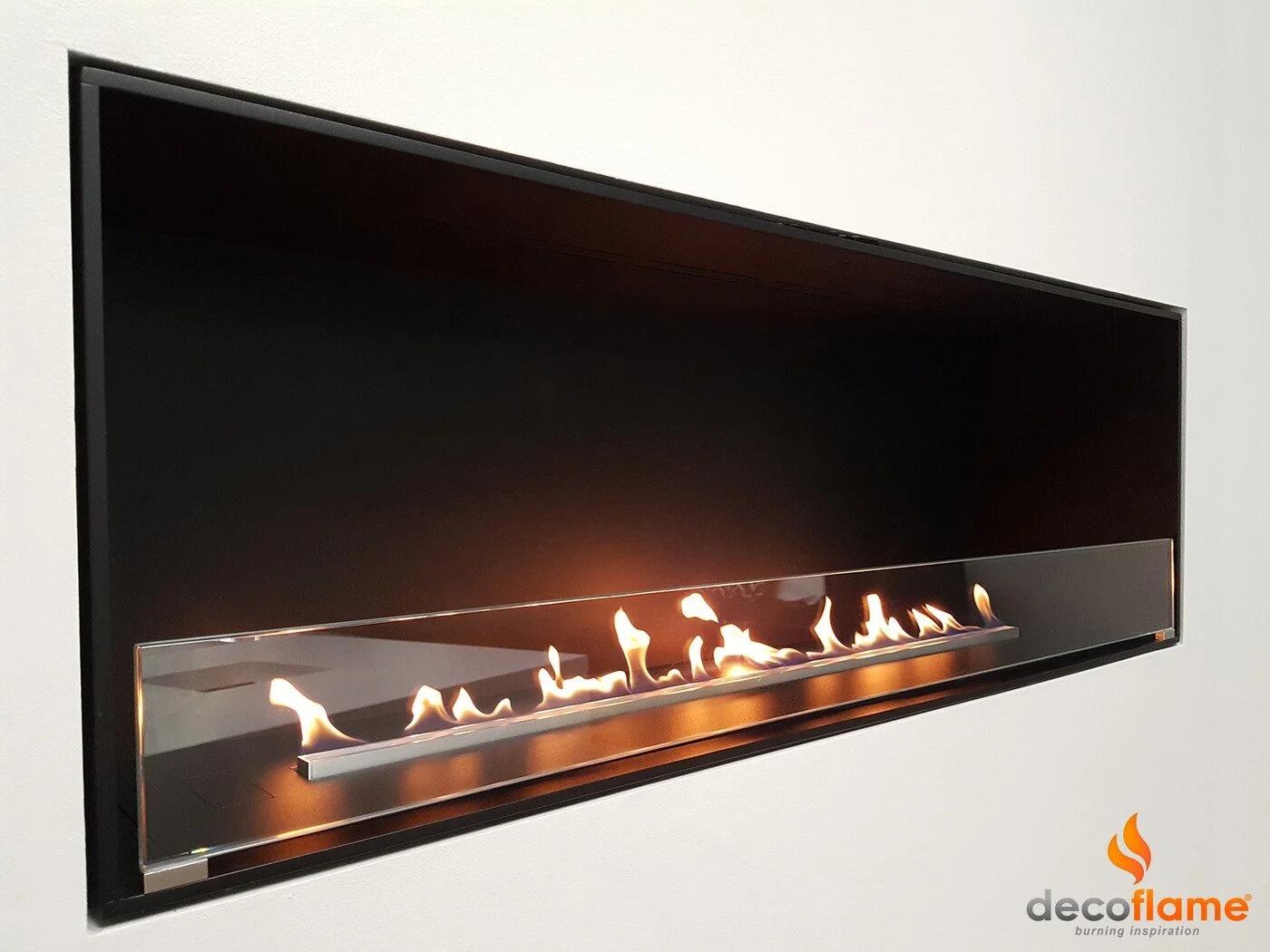 Wide Montreal open-front bio-ethanol fire with flames across a brushed steel burner