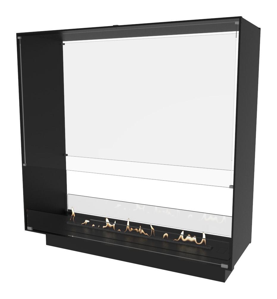 Decoflame Montreal Vue tunnel bio-ethanol fire with tall glass panel and Denver F6 burner, product render