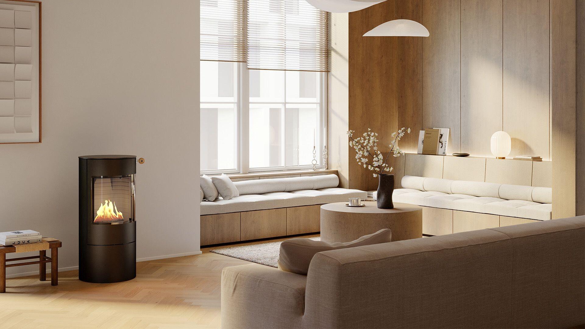 Rais Viva L 100 Bio freestanding bio stove in a light room with wooden panelling