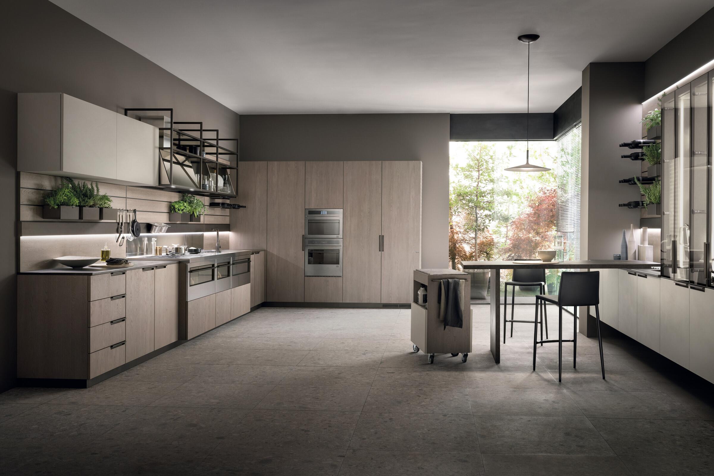 Scavolini MIA by Carlo Cracco kitchen with open steel shelving and a central dining table