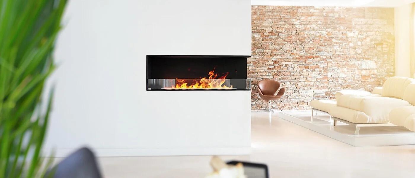 Montreal corner Hybrid Mist water vapour fire in a white wall in a bright living room