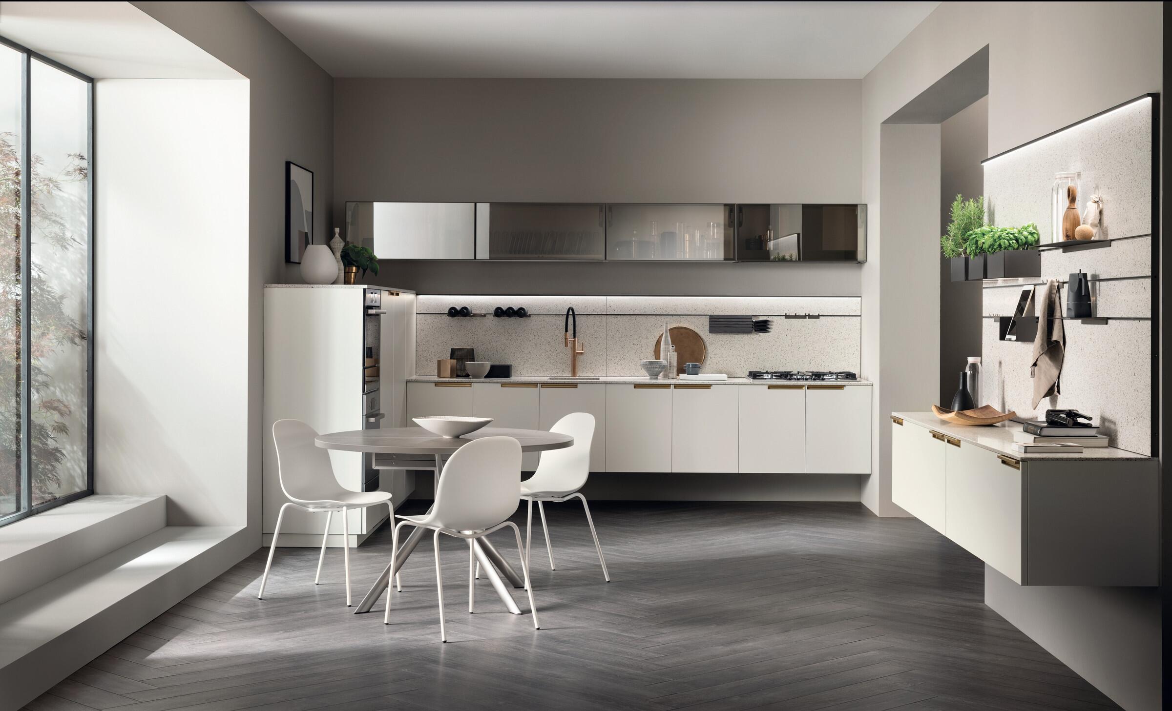 Scavolini MIA by Carlo Cracco compact wall kitchen with brass-finish side handles