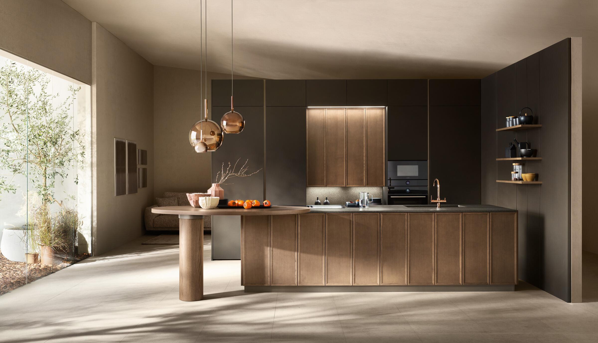 Scavolini Poetica kitchen – Composition with island, Pecan Ash wooden frame doors and Space Black microdecor PET doors