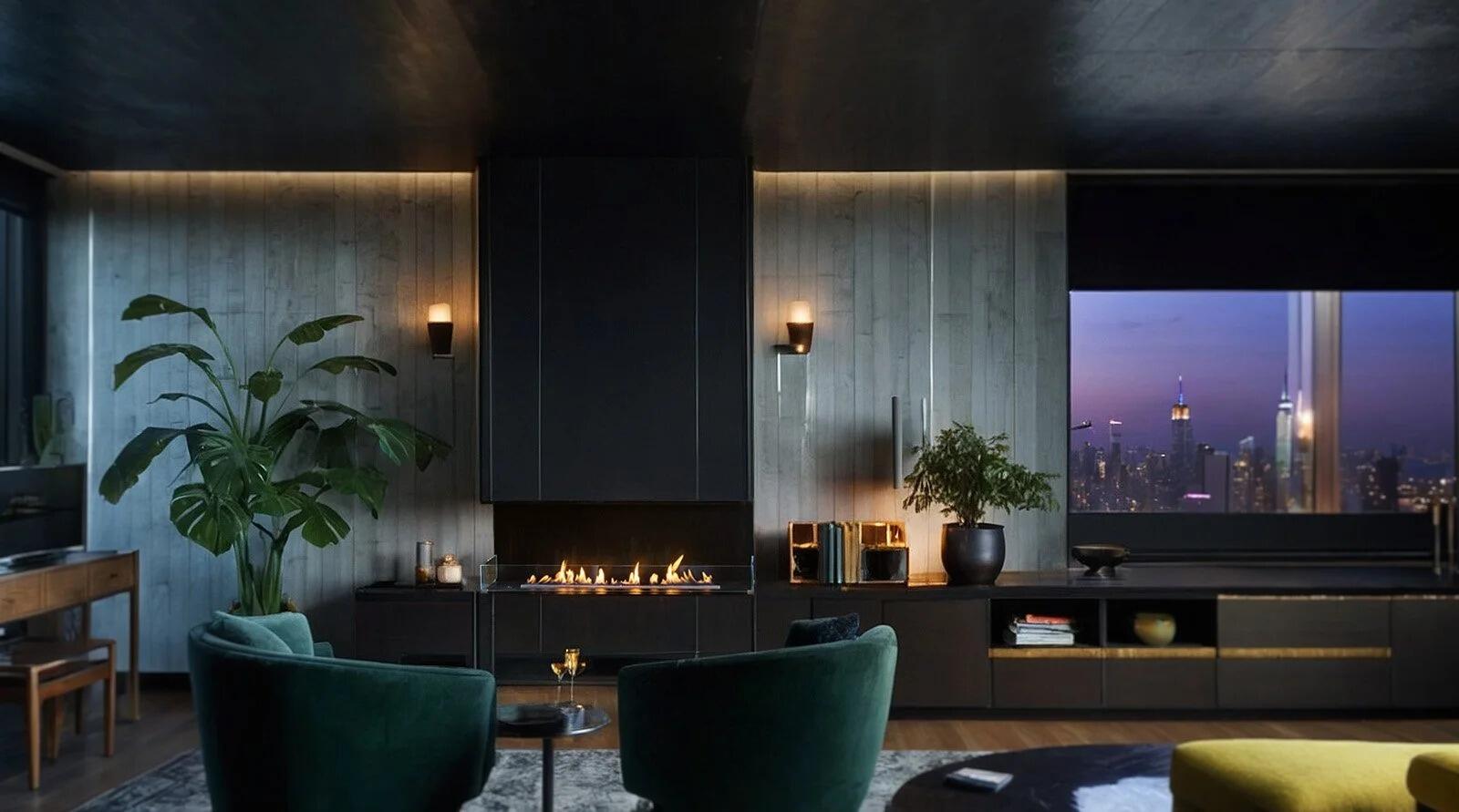 Montreal three-sided fire glowing in a dark living room with green velvet chairs