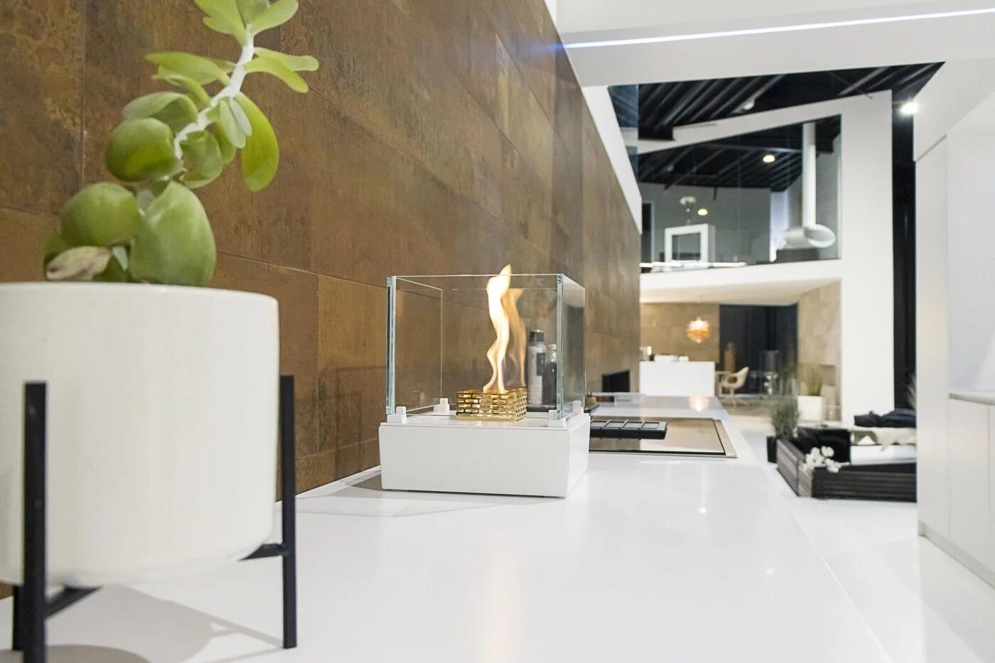 White Nice table-top fire in a modern interior
