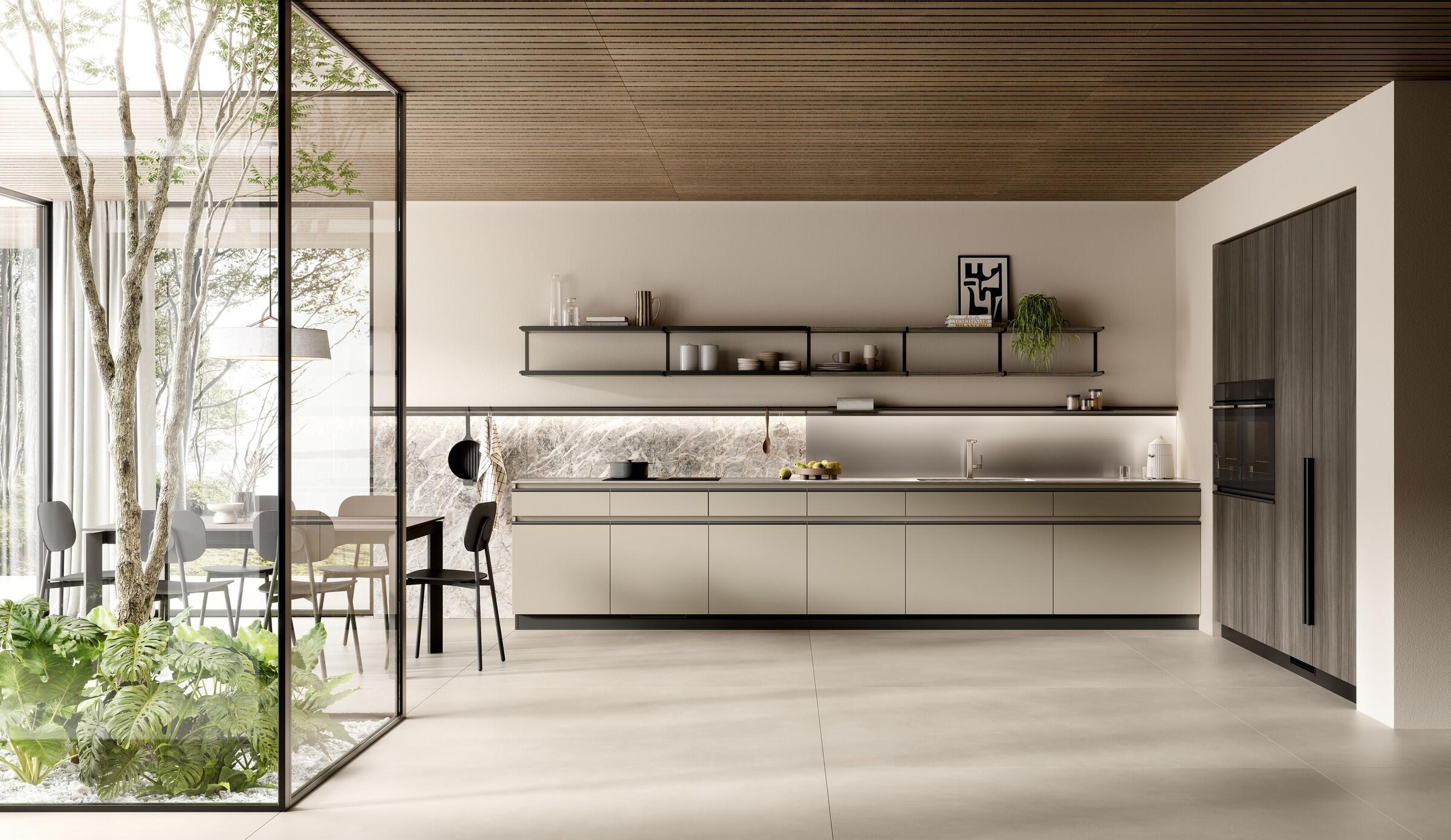 Scavolini Stilo kitchen – Linear composition, Hemp and Arabica Walnut decorative melamine doors