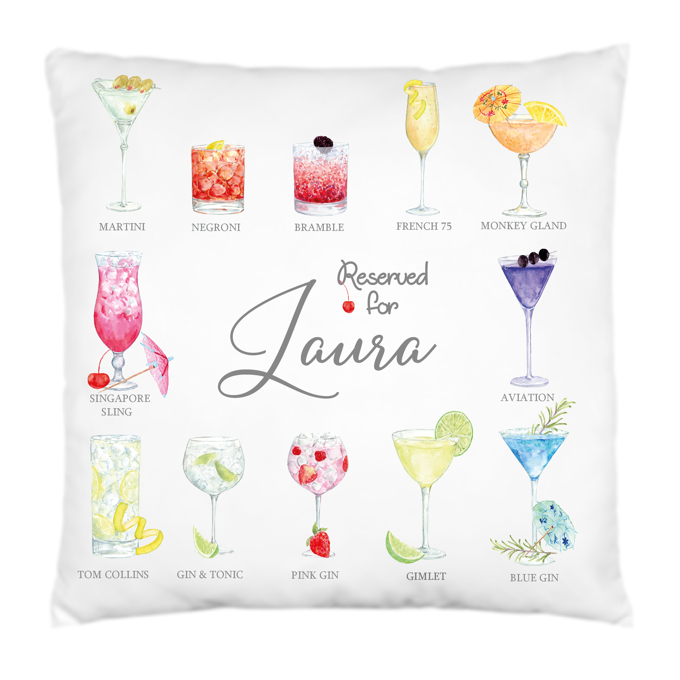 Gin Cocktails Personalised Cushion,Gin Gifts,Gift for Gin Drinker,40cms