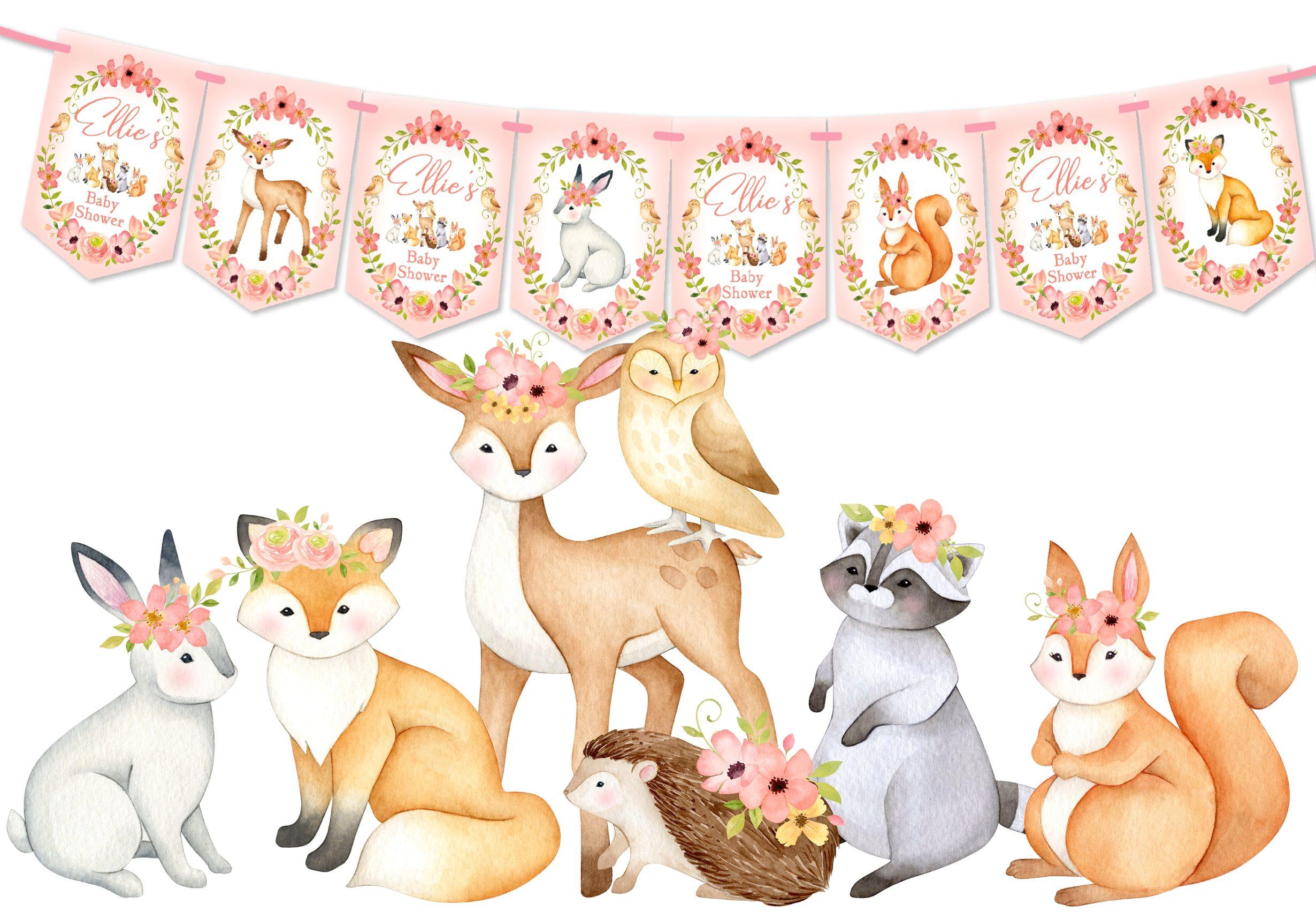 Personalised Baby Shower Pink Bunting,Baby Shower Banner For Girl, Baby Sower Decoration,Woodland Animals