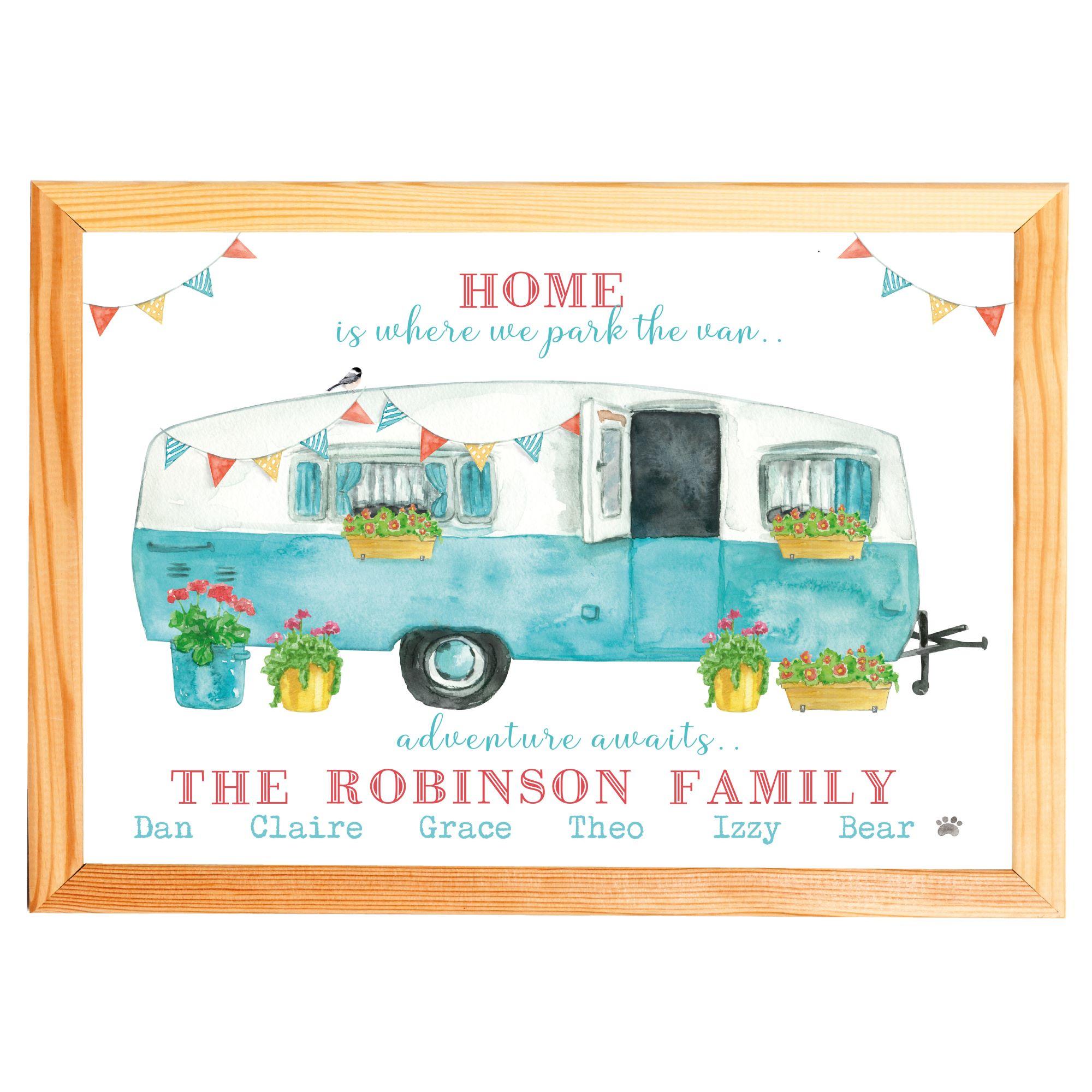 Retro Caravan Print, Picture,Personalised With Names of Family and Pets,Summer Holidays,Caravanning