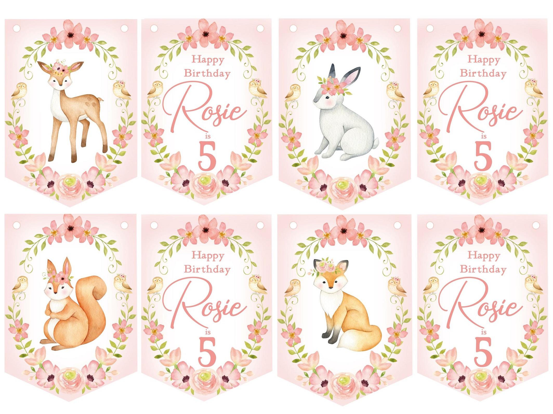 Woodland Forest Animals Personalised Birthday Bunting, Girls Birthday Party Banner,Garland, Any Age