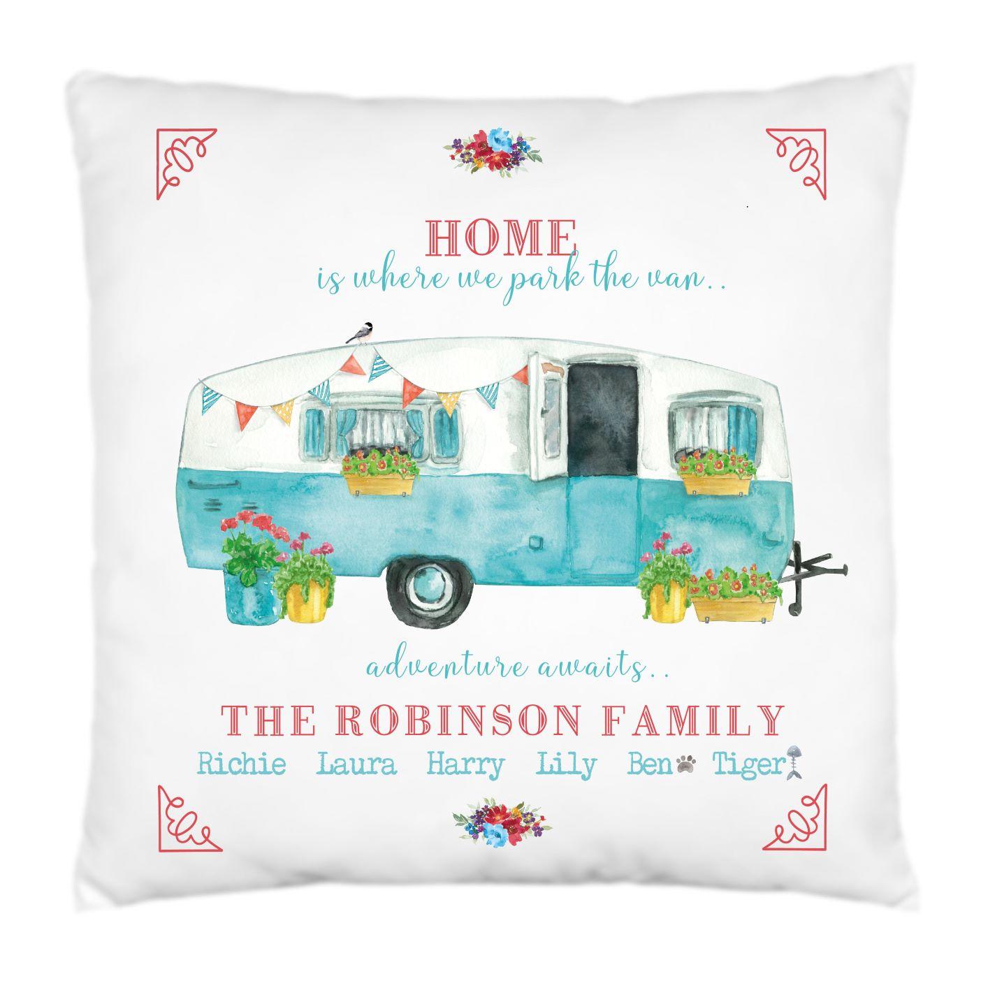 Personalised Caravan Cushion,Pillow,Family Caravan and Camping Holidays,Home Decor,40cms Square