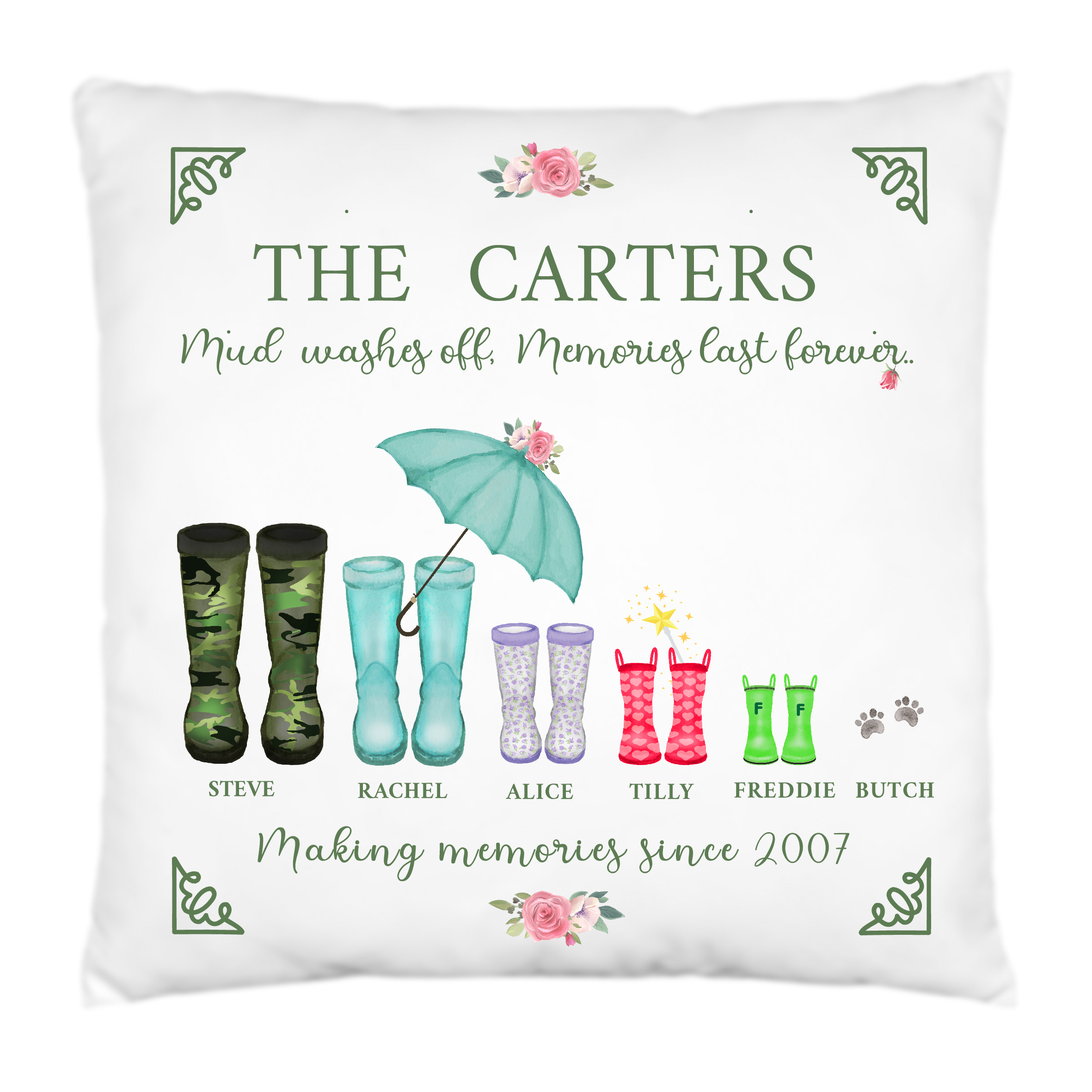 Personalised Wellington Boots Family Cushion,Wellies,Wellingtons,New Home,40cms Square,With or Without Cushion Pad