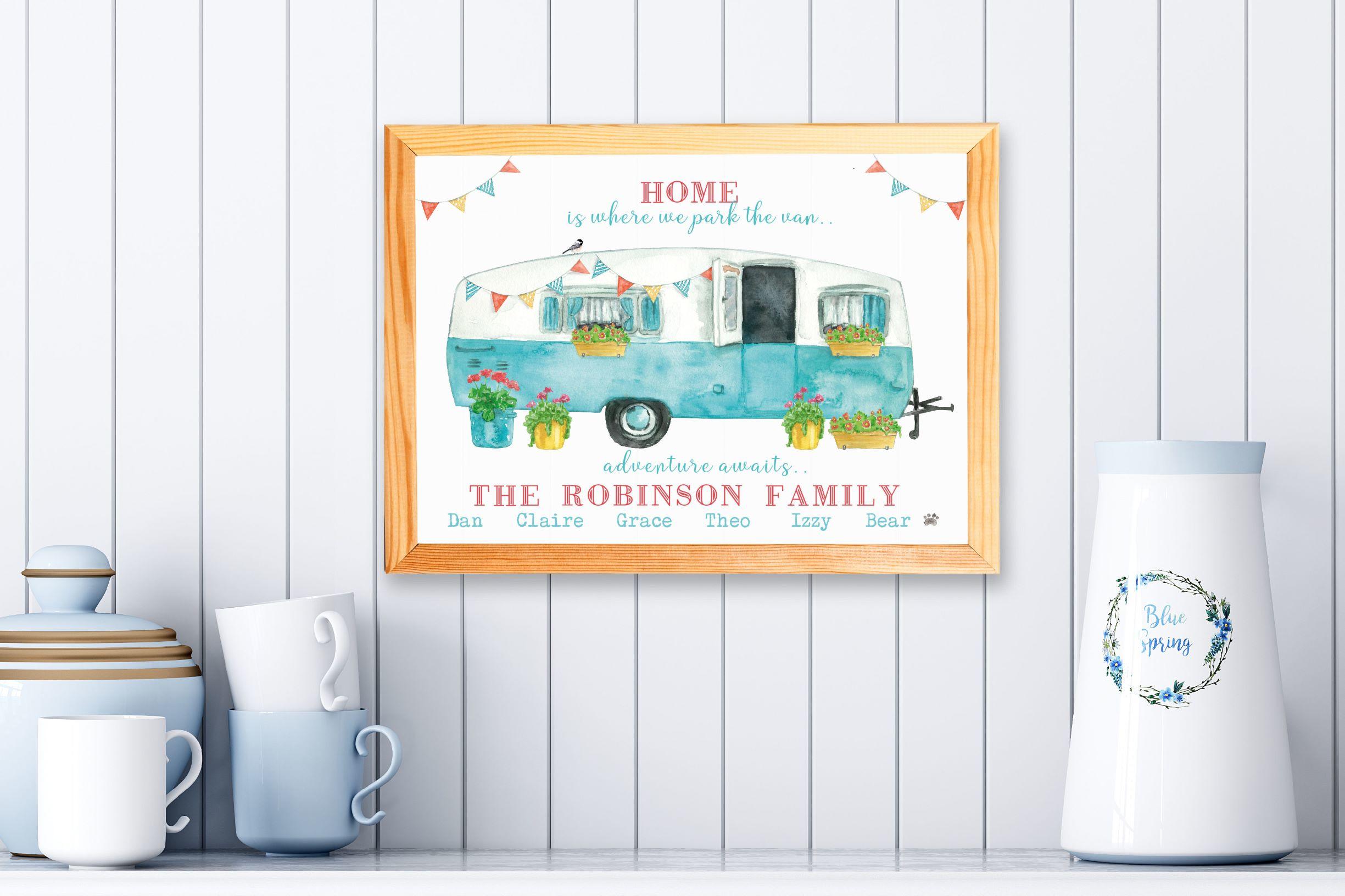 Retro Caravan Print, Picture,Personalised With Names of Family and Pets,Summer Holidays,Caravanning