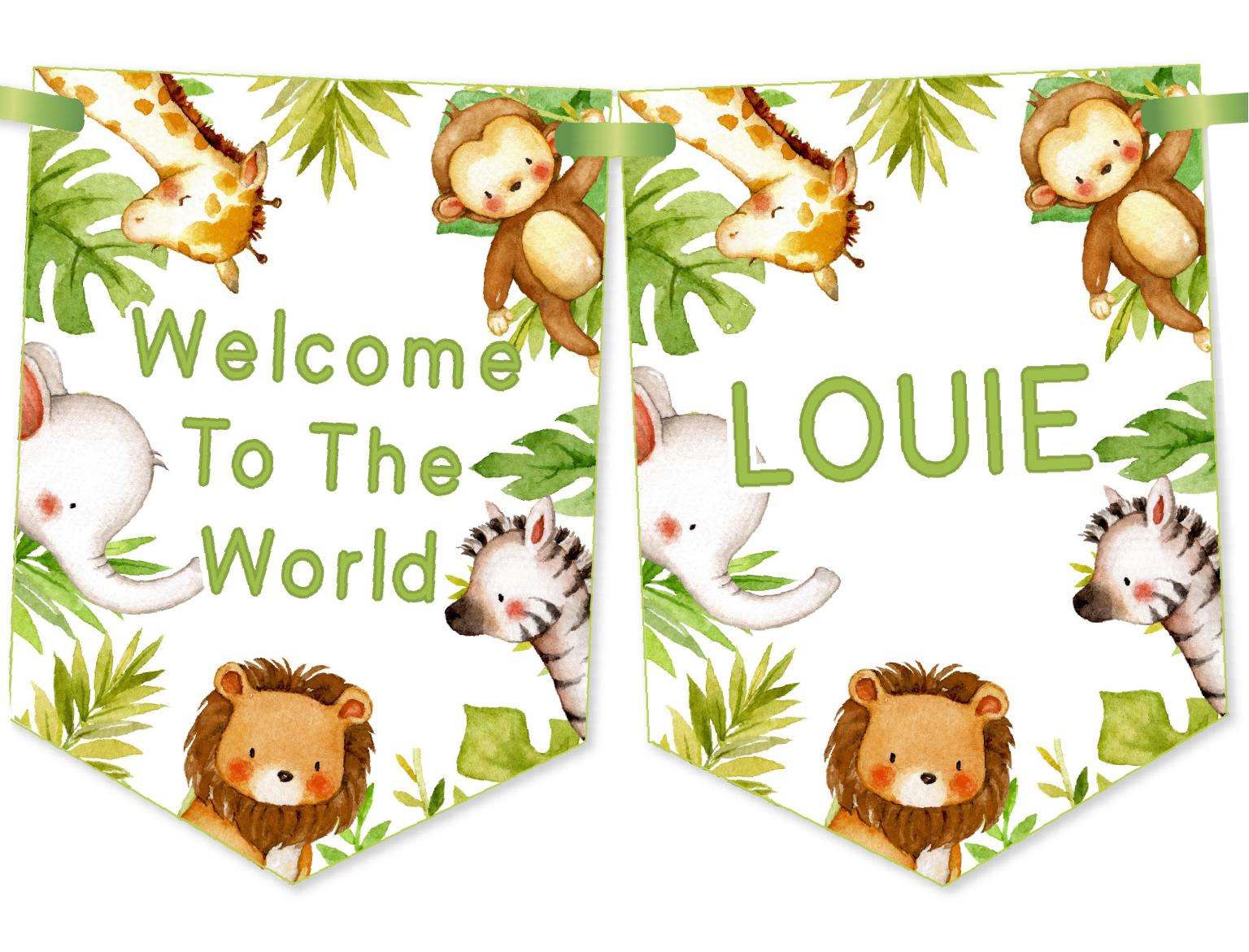 Safari Jungle New Baby Bunting,Personalised New Baby Banner,Garland,Jungle Animals,Baby Shower Decoration