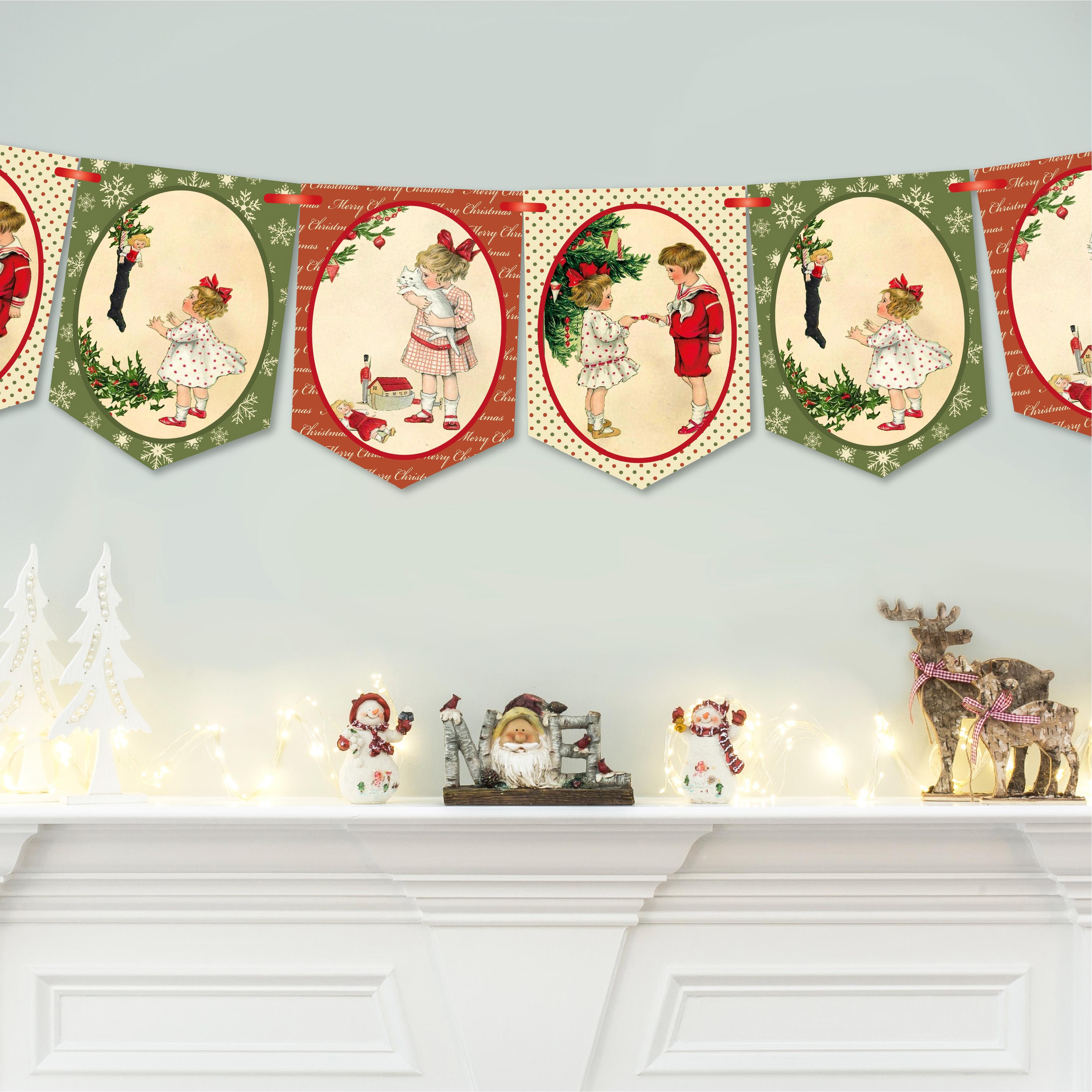 Christmas Bunting, Xmas Banner, Christmas Garland, Vintage Children Bunting, 8 Flags, Christmas Decoration
