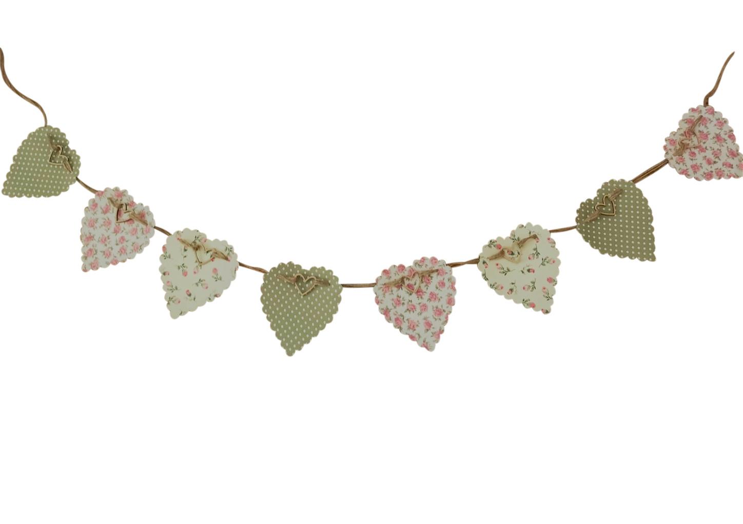 Fabric Bunting,Rigid Hearts,Green and Pink Ditsy Florals and Polka Dots,Vintage Style,100% Cotton,2.5 Metres Long