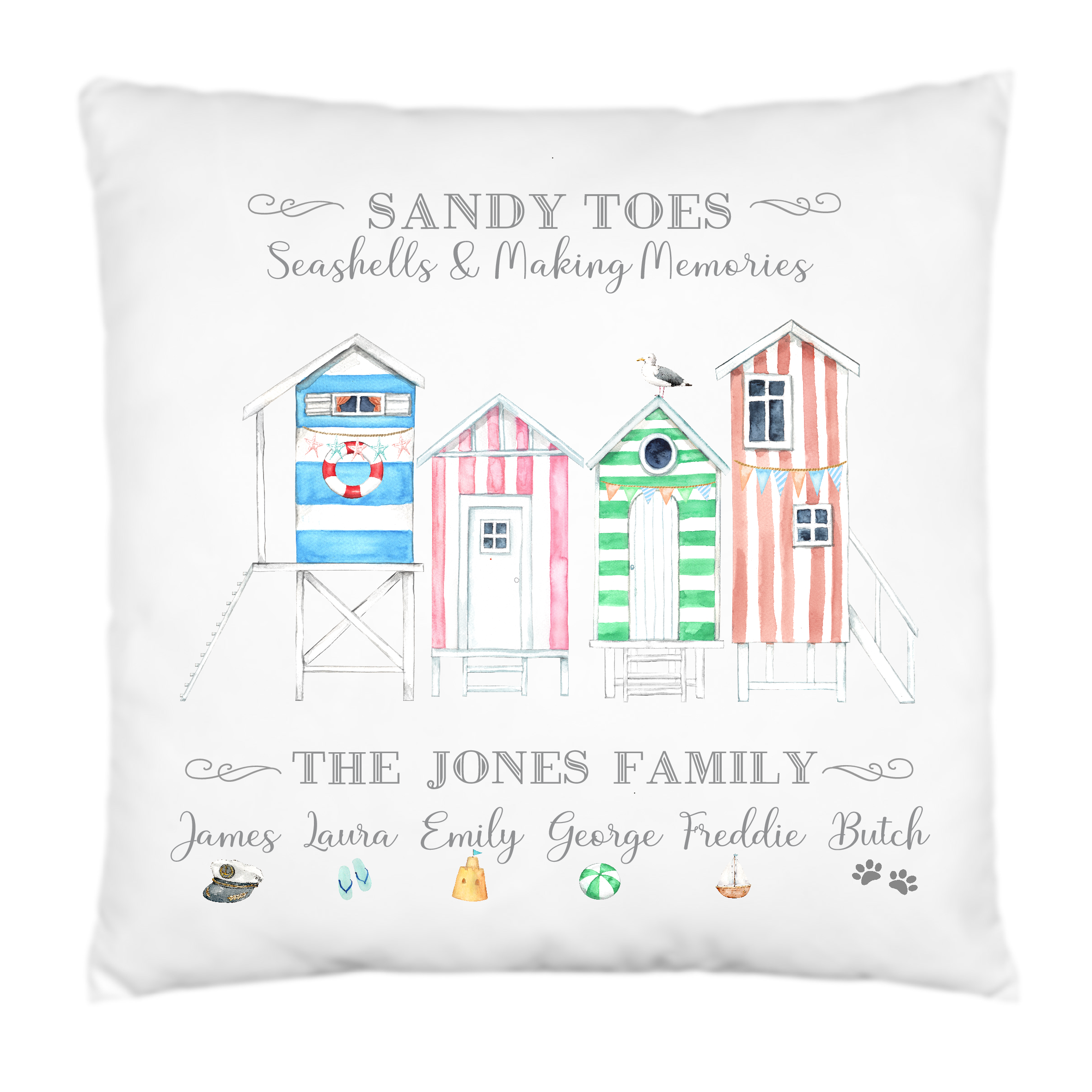Personalised Beach Huts Cushion,Pillow,Seaside and Family Summer Holidays,40cms Square