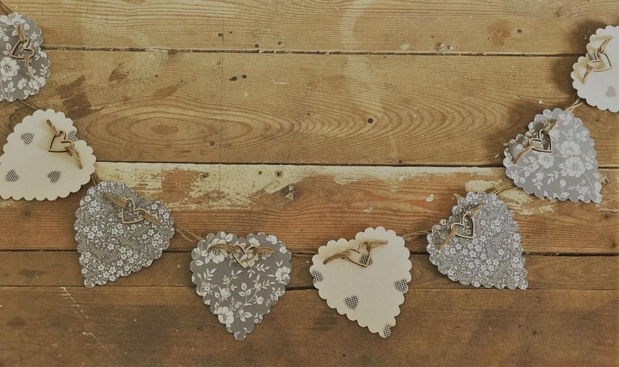 Grey Heart Bunting,Garland with Cute Wooden Hearts,100% Cotton Ditsy Florals and Hearts,Rustic Twine.2.5 metres long