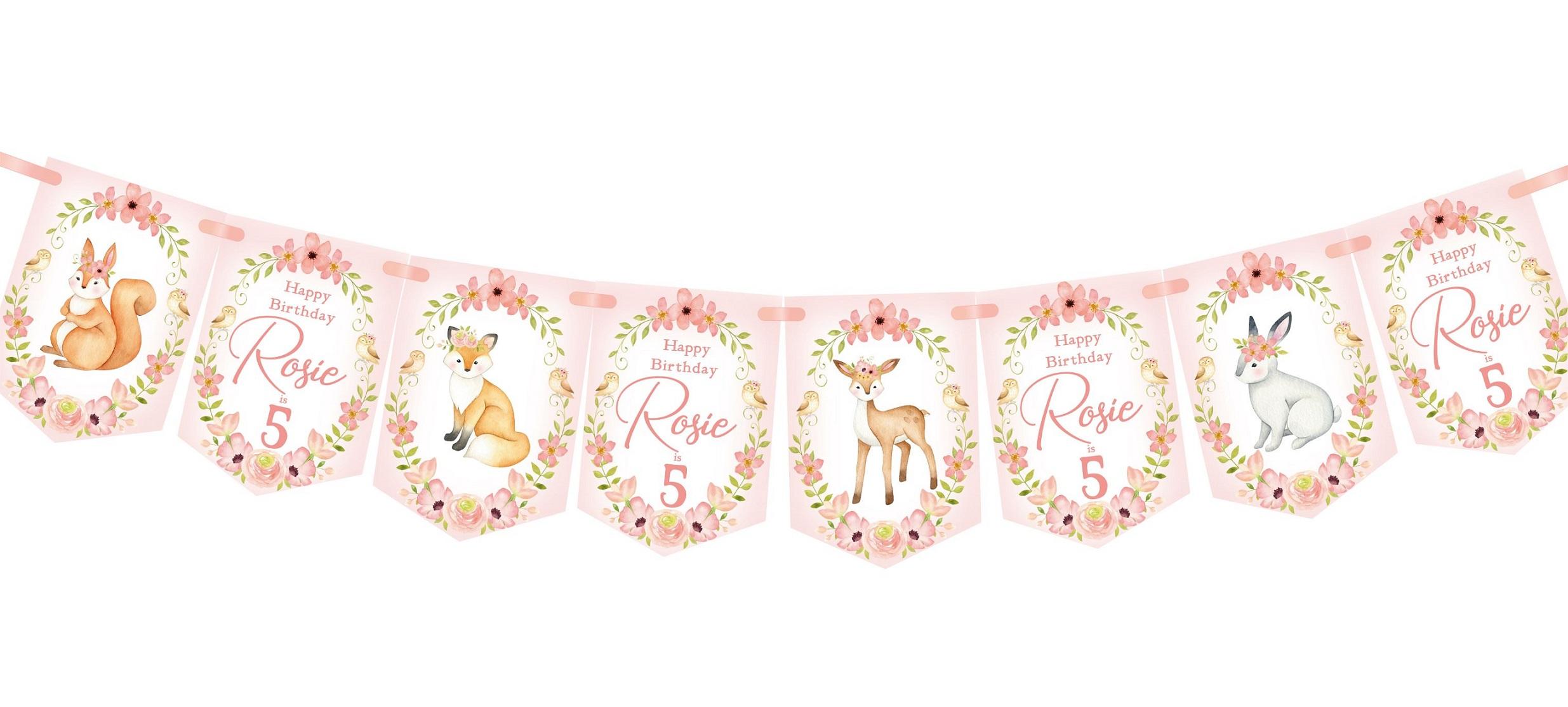 Woodland Forest Animals Personalised Birthday Bunting, Girls Birthday Party Banner,Garland, Any Age