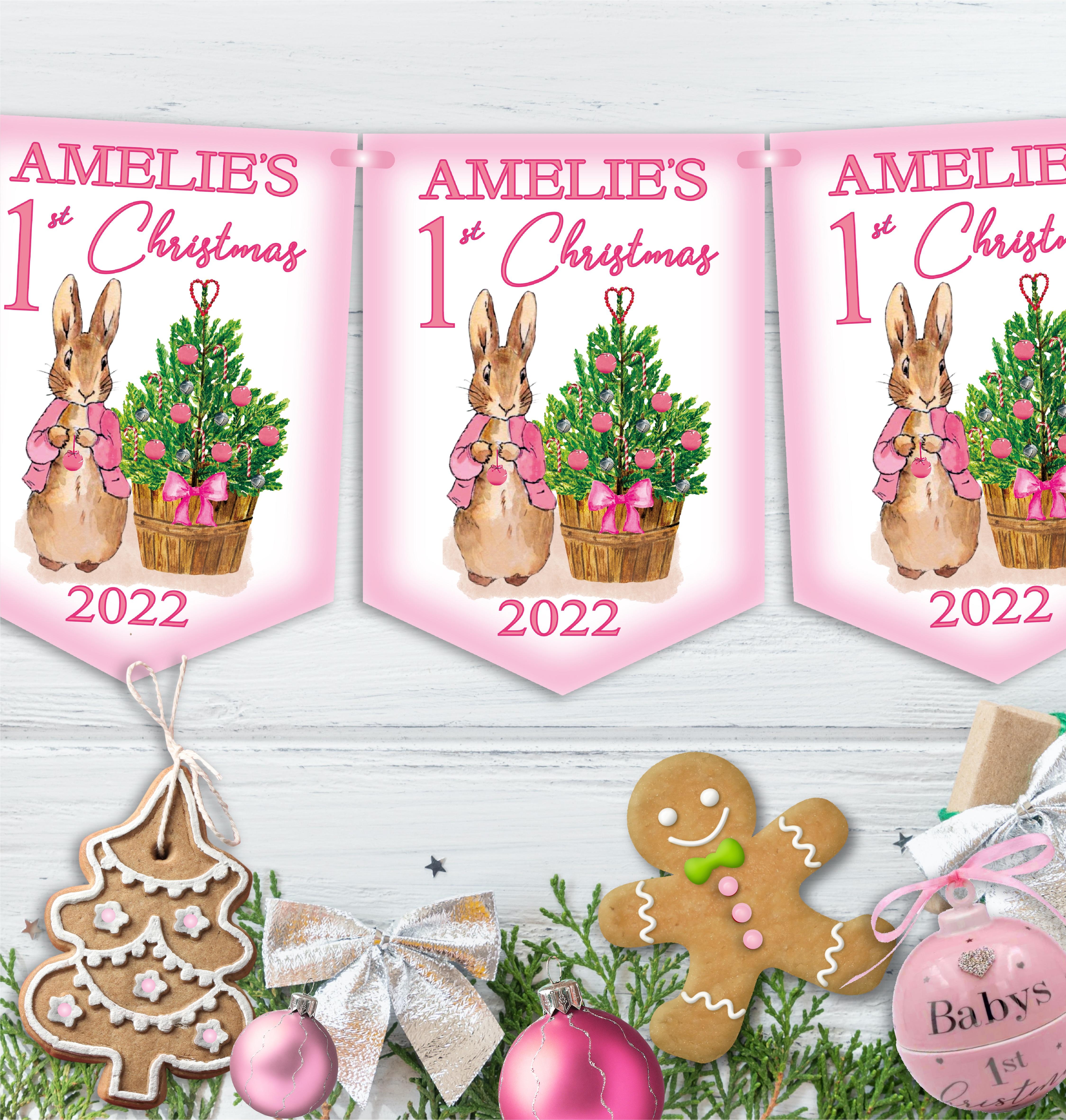 Babys First Christmas Bunting for Girl,Peter Rabbit,Personalised Ist Christmas Keepsake,1st Christmas Ornament,Christmas Decorations