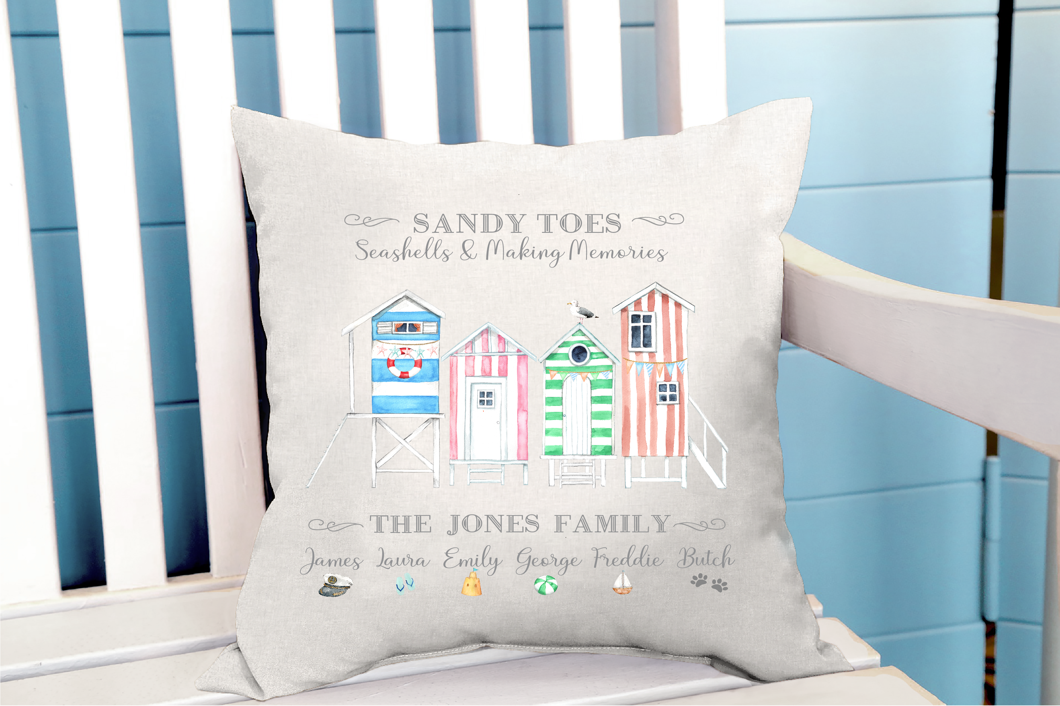 Personalised Beach Huts Cushion,Pillow,Seaside and Family Summer Holidays,40cms Square
