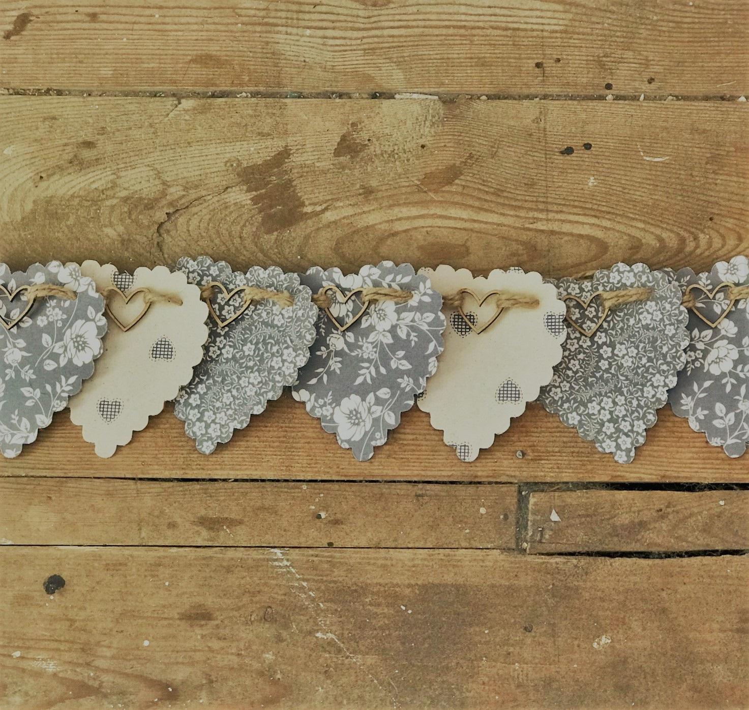 Grey Heart Bunting,Garland with Cute Wooden Hearts,100% Cotton Ditsy Florals and Hearts,Rustic Twine.2.5 metres long
