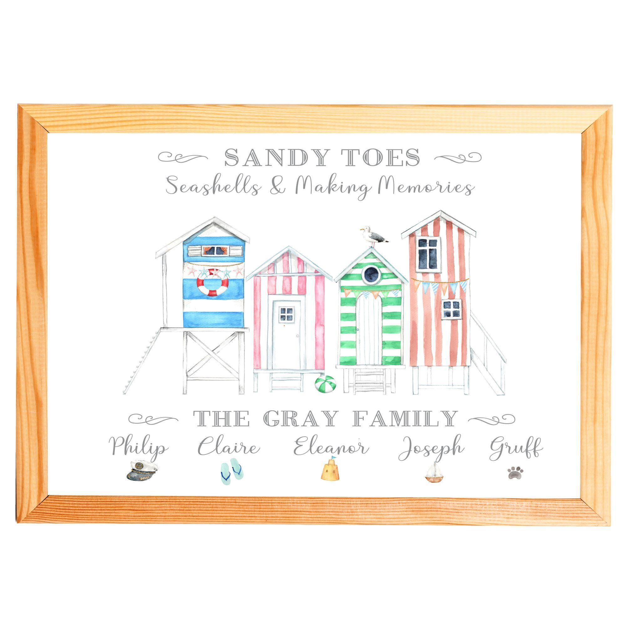 Personalised Beach Hut Print,Memento Of Family Holidays Spent On The Beach By The Seaside