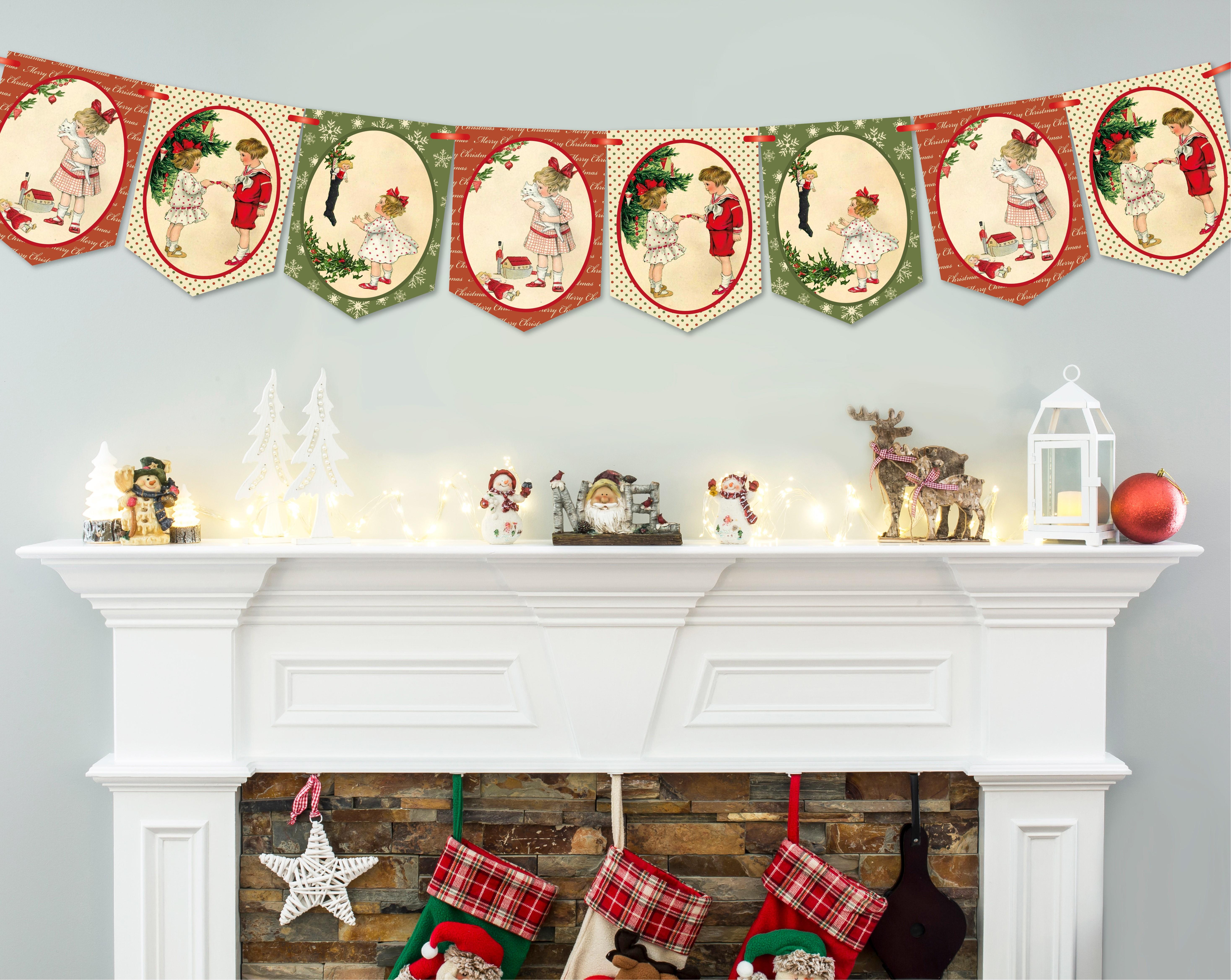 Christmas Bunting, Xmas Banner, Christmas Garland, Vintage Children Bunting, 8 Flags, Christmas Decoration