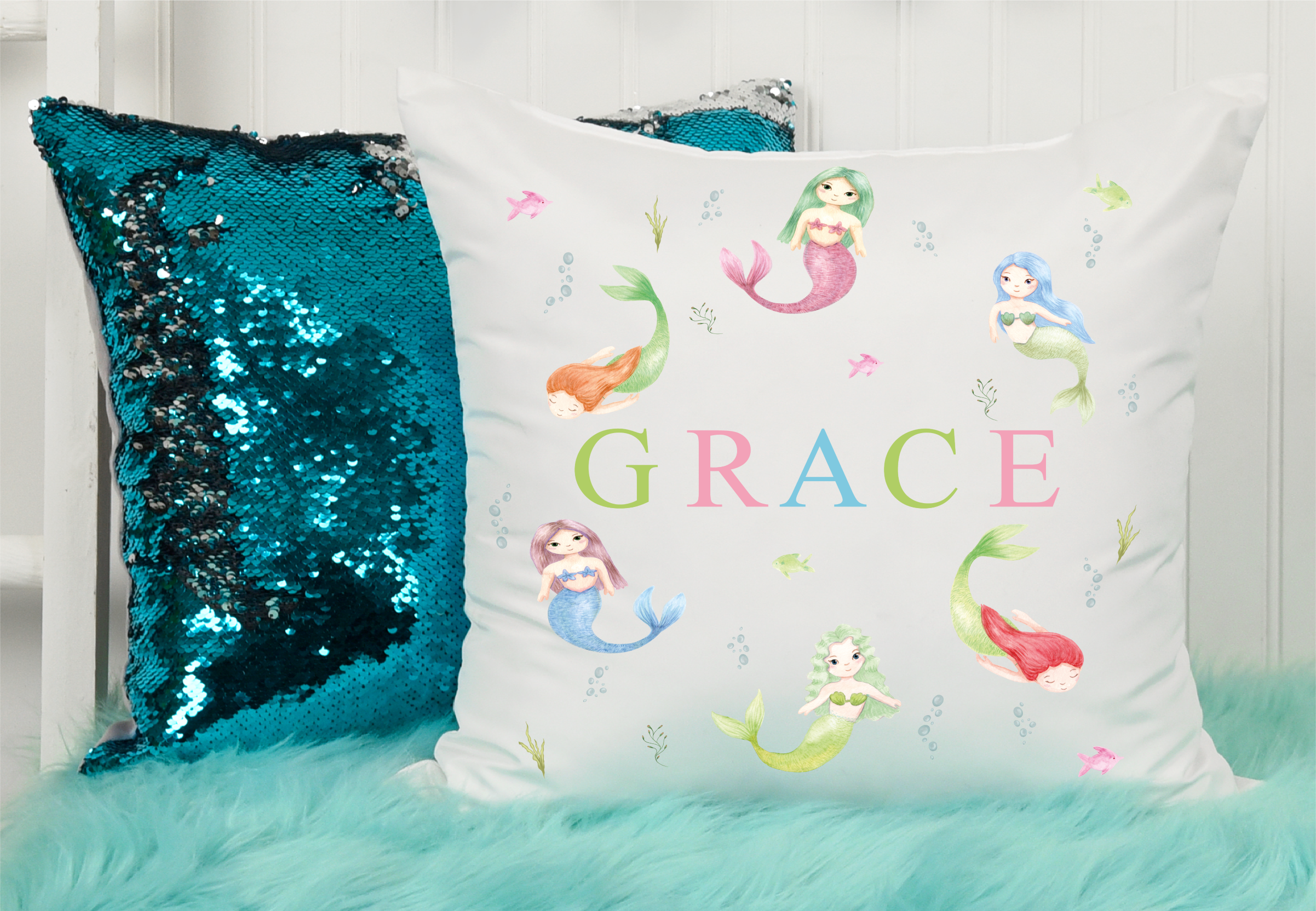'Pretty Mermaids' Personalised Cushion, Pillow, Gift For Girls, Mermaid Themed Bedroom Accessory,Decor