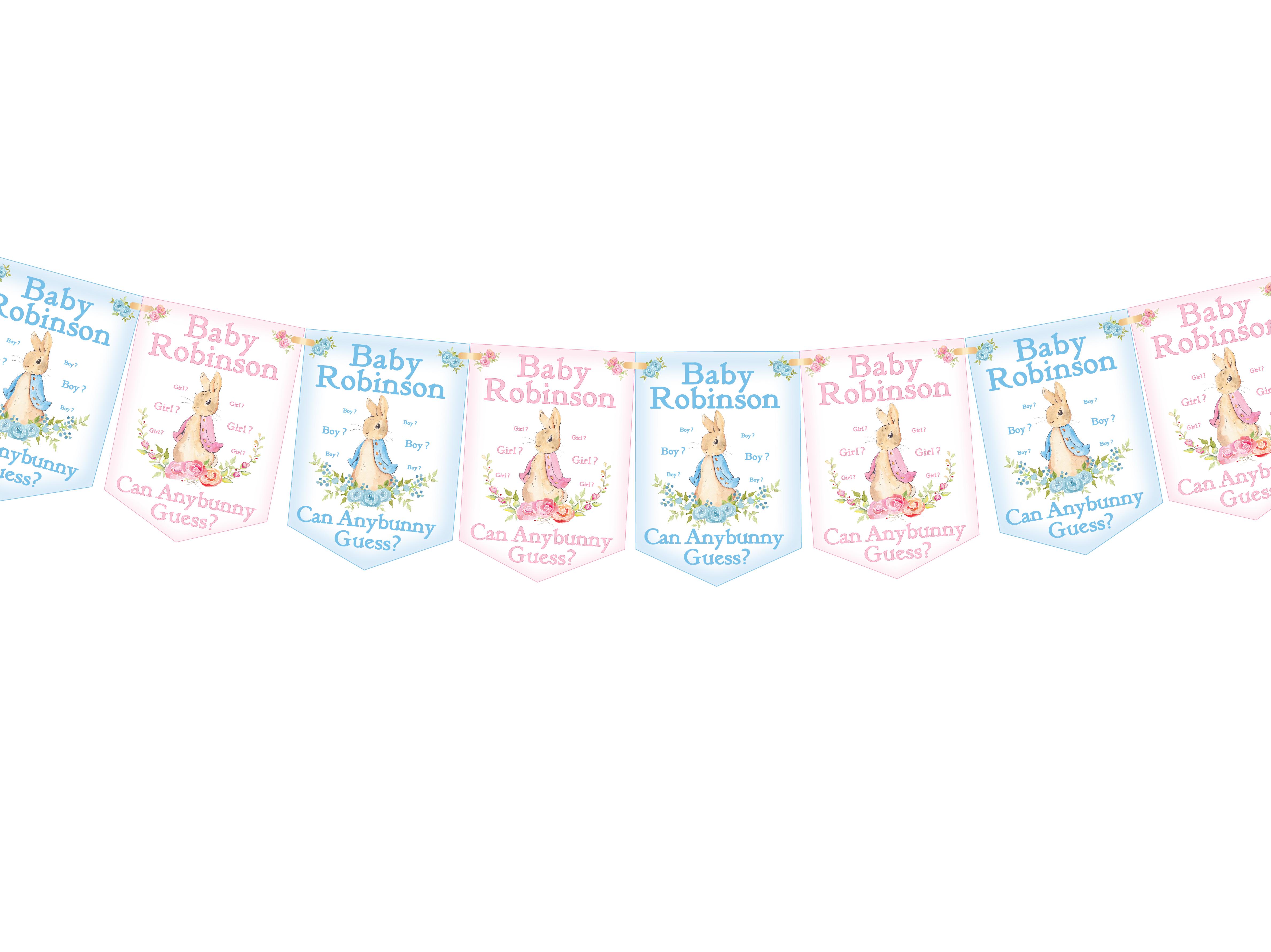 Peter Rabbit Bunting,Personalised Baby Gender Reveal Banner,Baby Shower Party Decorations,8 Pink and Blue Flags