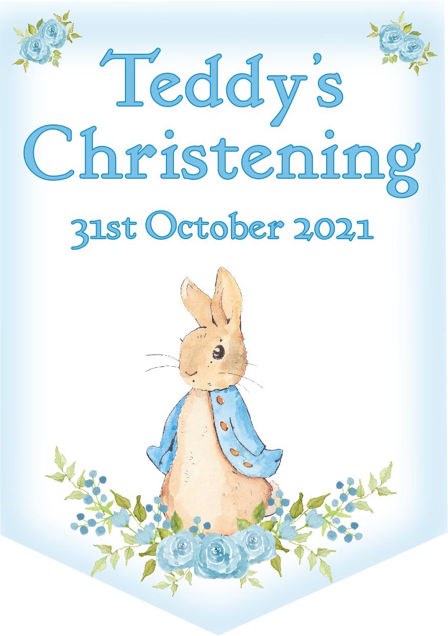 Peter Rabbit Blue Personalised Christening Bunting,Christening Banner,Boys Christening Day Bunting,Baptism