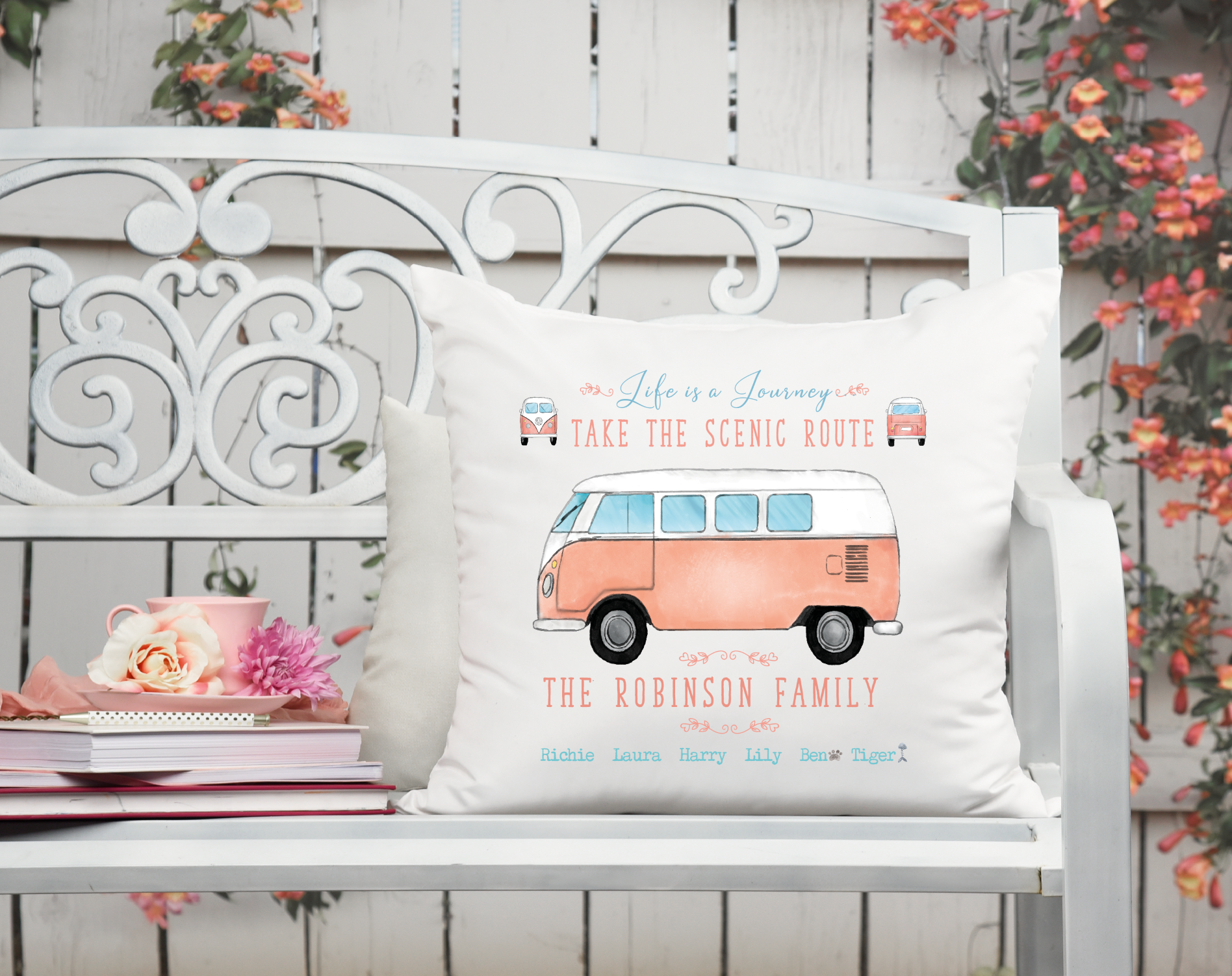 Personalised Campervan Cushion,Pillow,Family,Boho,Summer Holiday,40cms Square