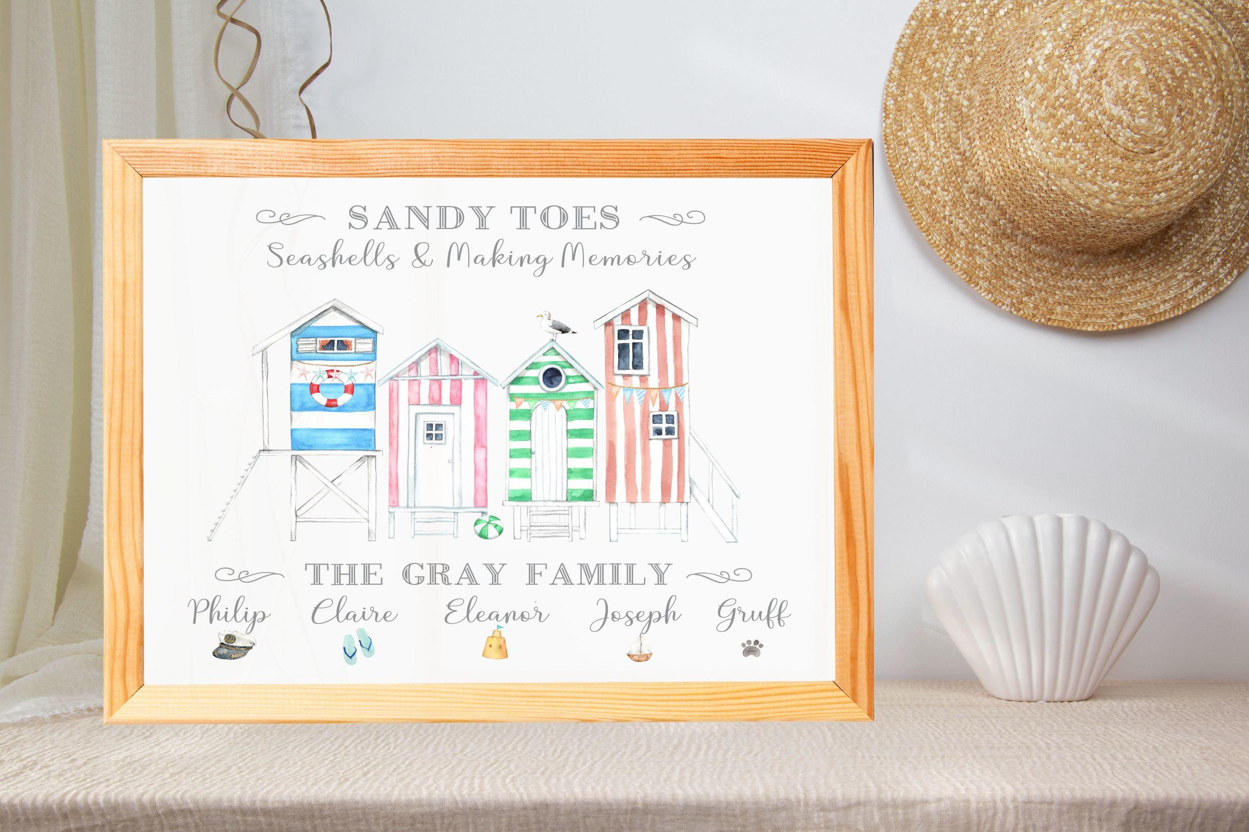 Personalised Beach Hut Print,Memento Of Family Holidays Spent On The Beach By The Seaside