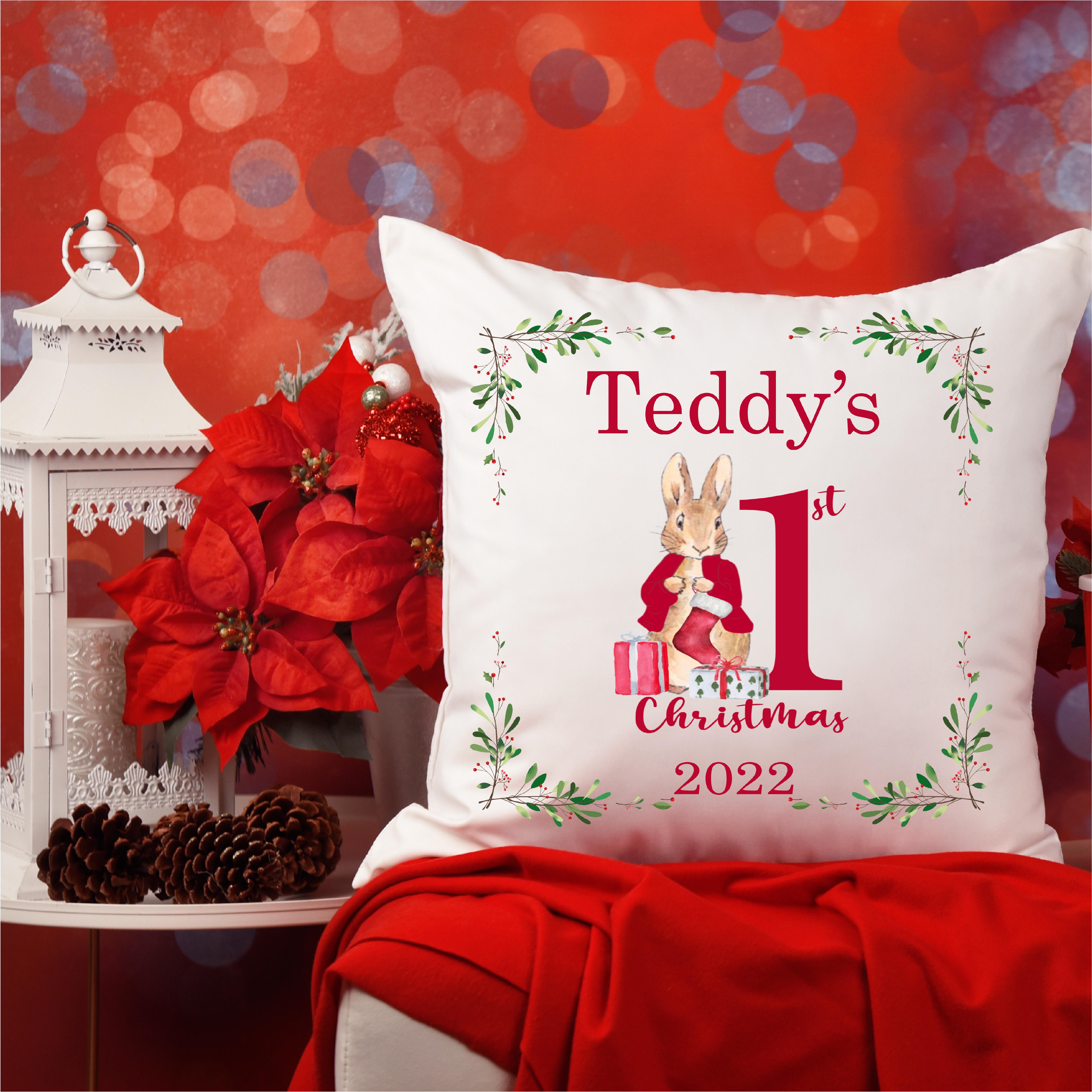 Babys First Christmas Cushion,Pillow,Peter Rabbit,Baby's Ist Christmas Keepsake,Christmas Decoration,Ornament,Boy or Girl